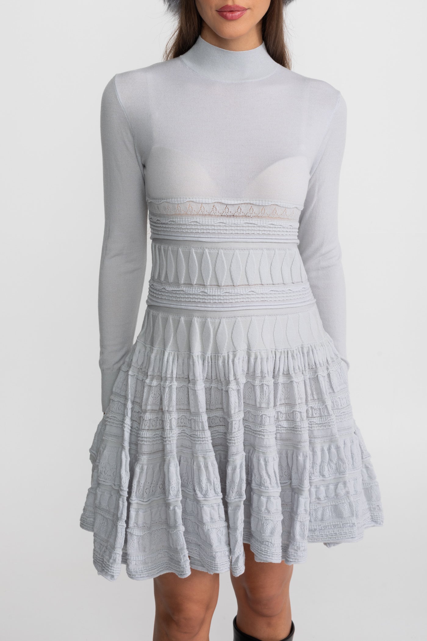 Textured Knit Mini Dress with Flared Skirt - Light Gray