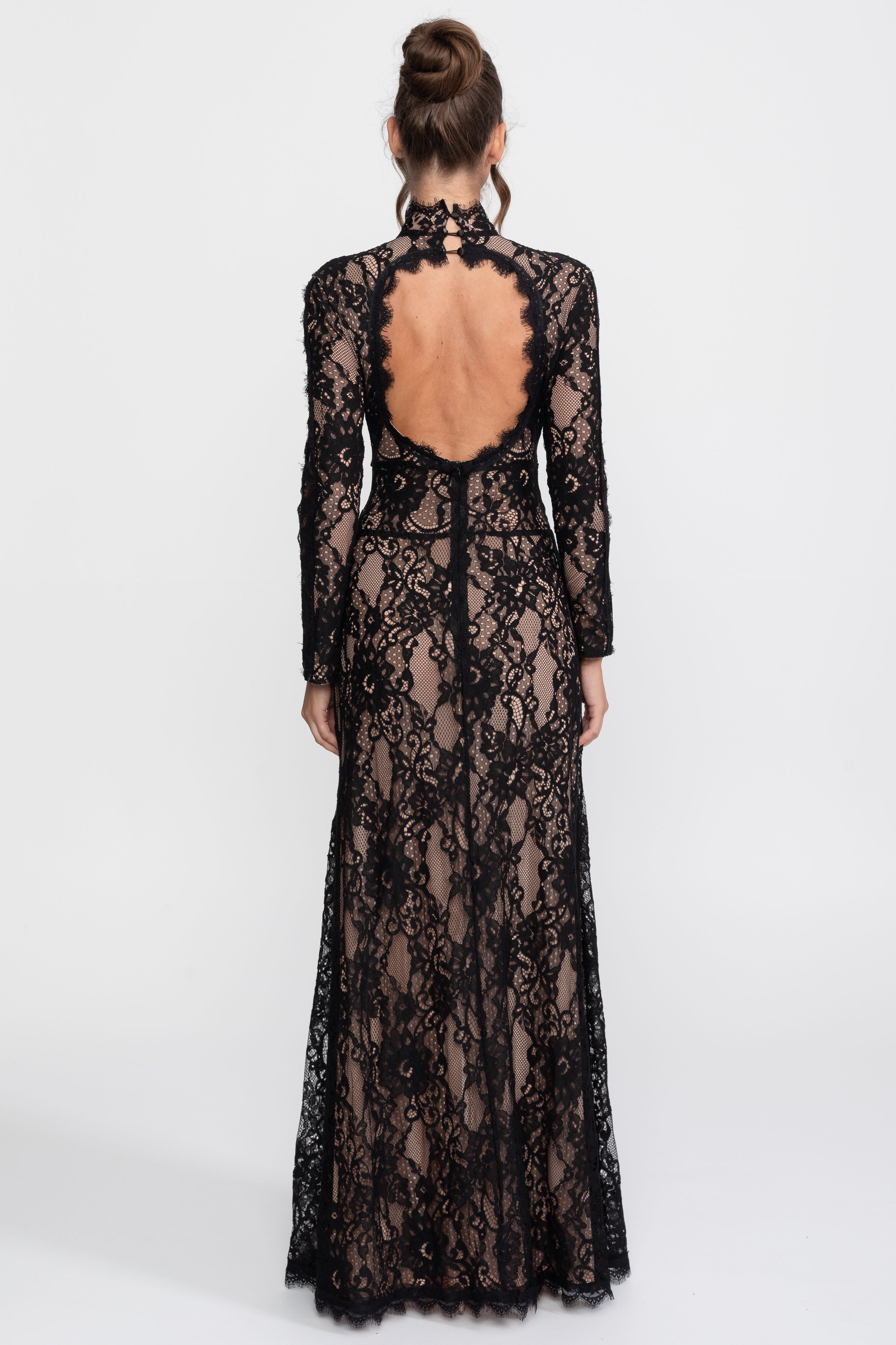 Elegant Lace Gown With High Neck, Front Cutout And Slit - Black