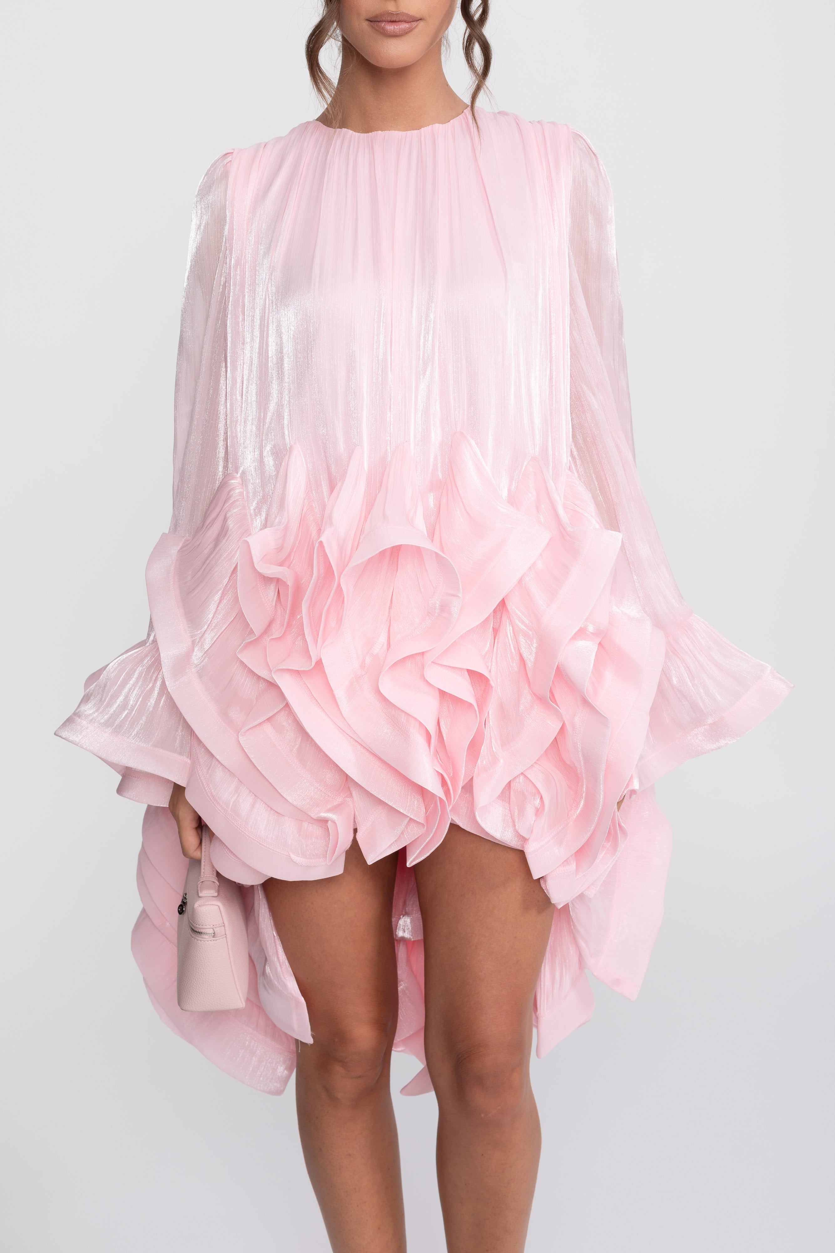 Asymmetric Ruffle Hem Mini Dress With Satin Finish - Pink