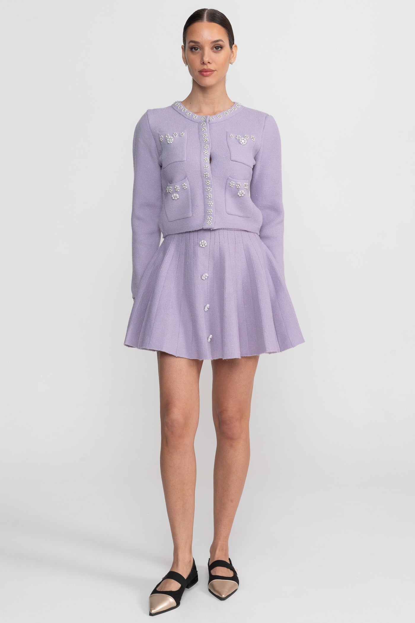 Knit Co-Ord Set With Long Sleeve Cardigan And Matching Mini Skirt - Lilac