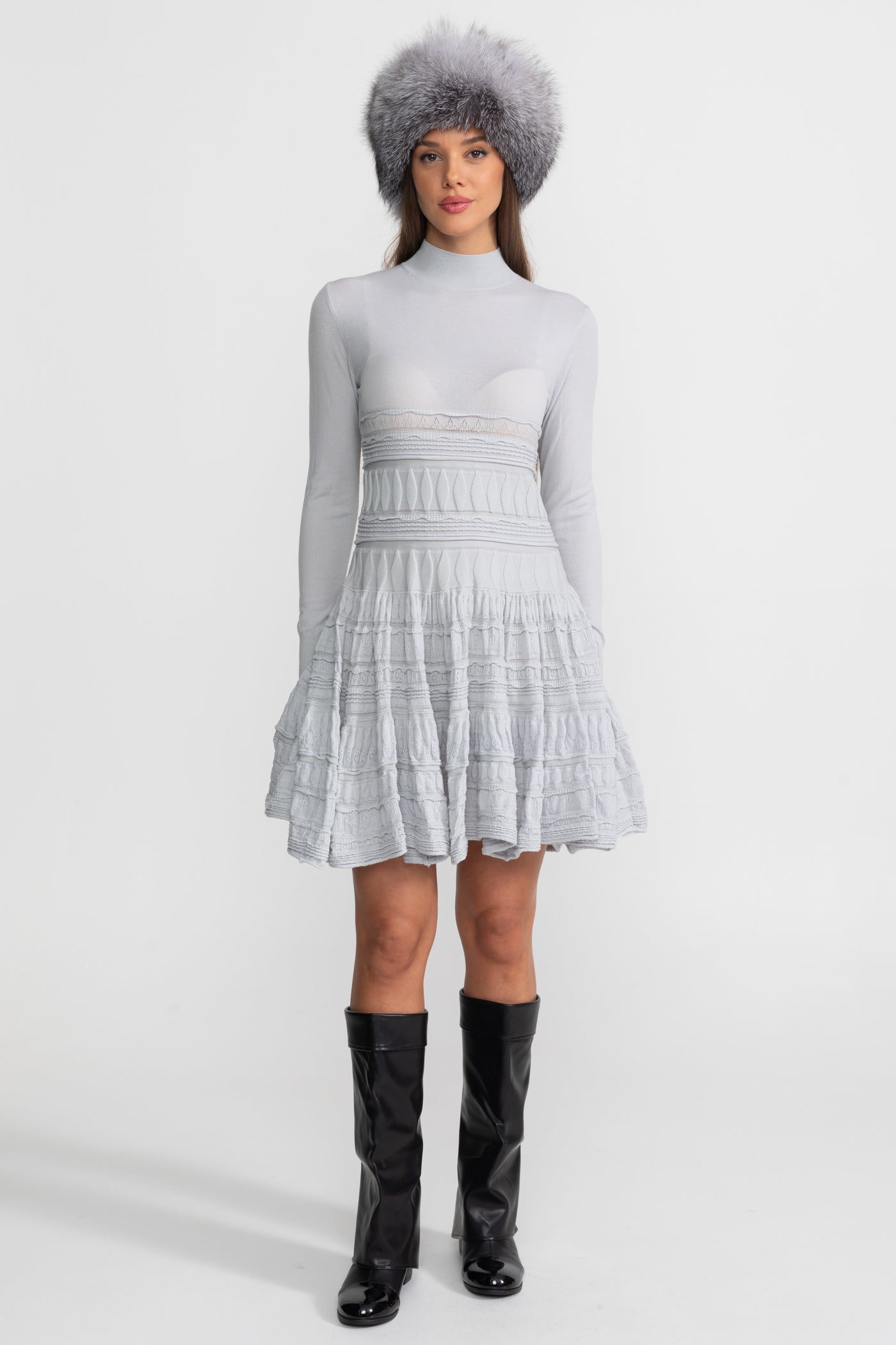 Textured Knit Mini Dress with Flared Skirt - Light Gray