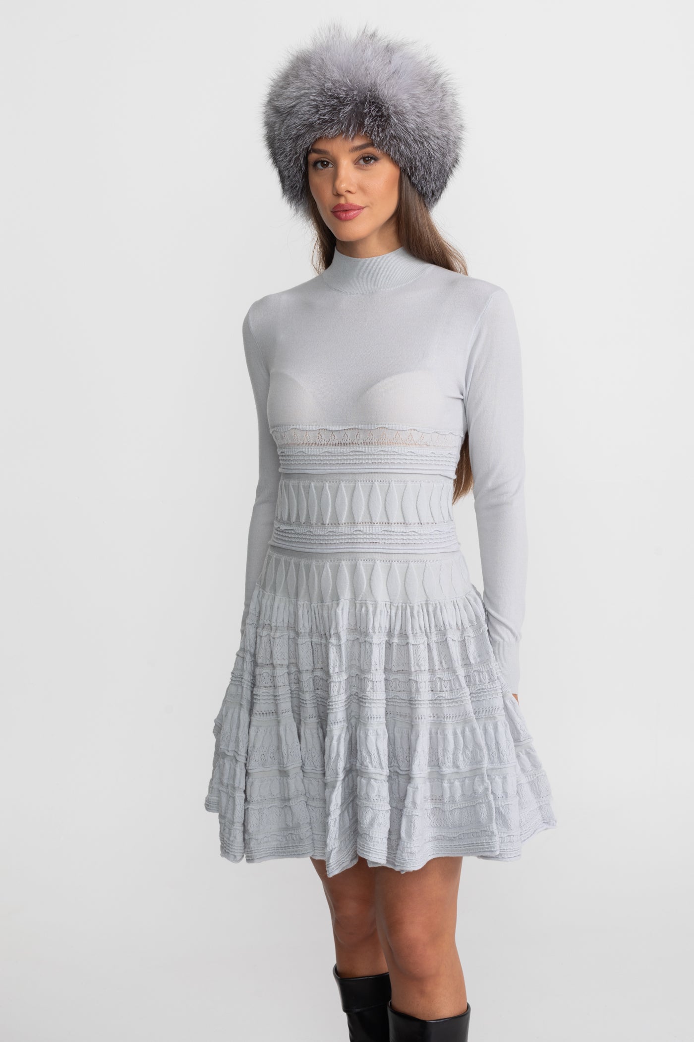 Textured Knit Mini Dress with Flared Skirt - Light Gray