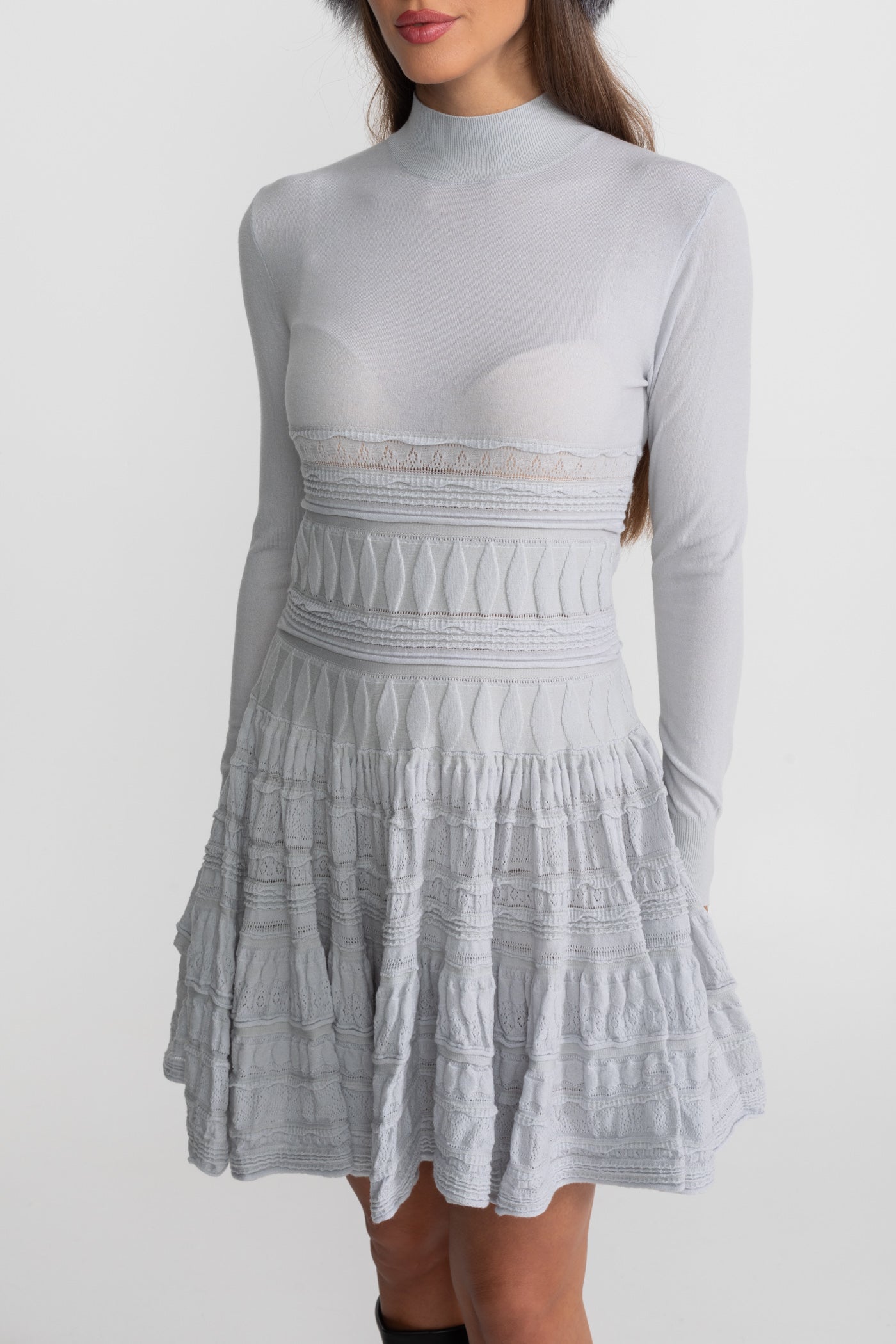 Textured Knit Mini Dress with Flared Skirt - Light Gray