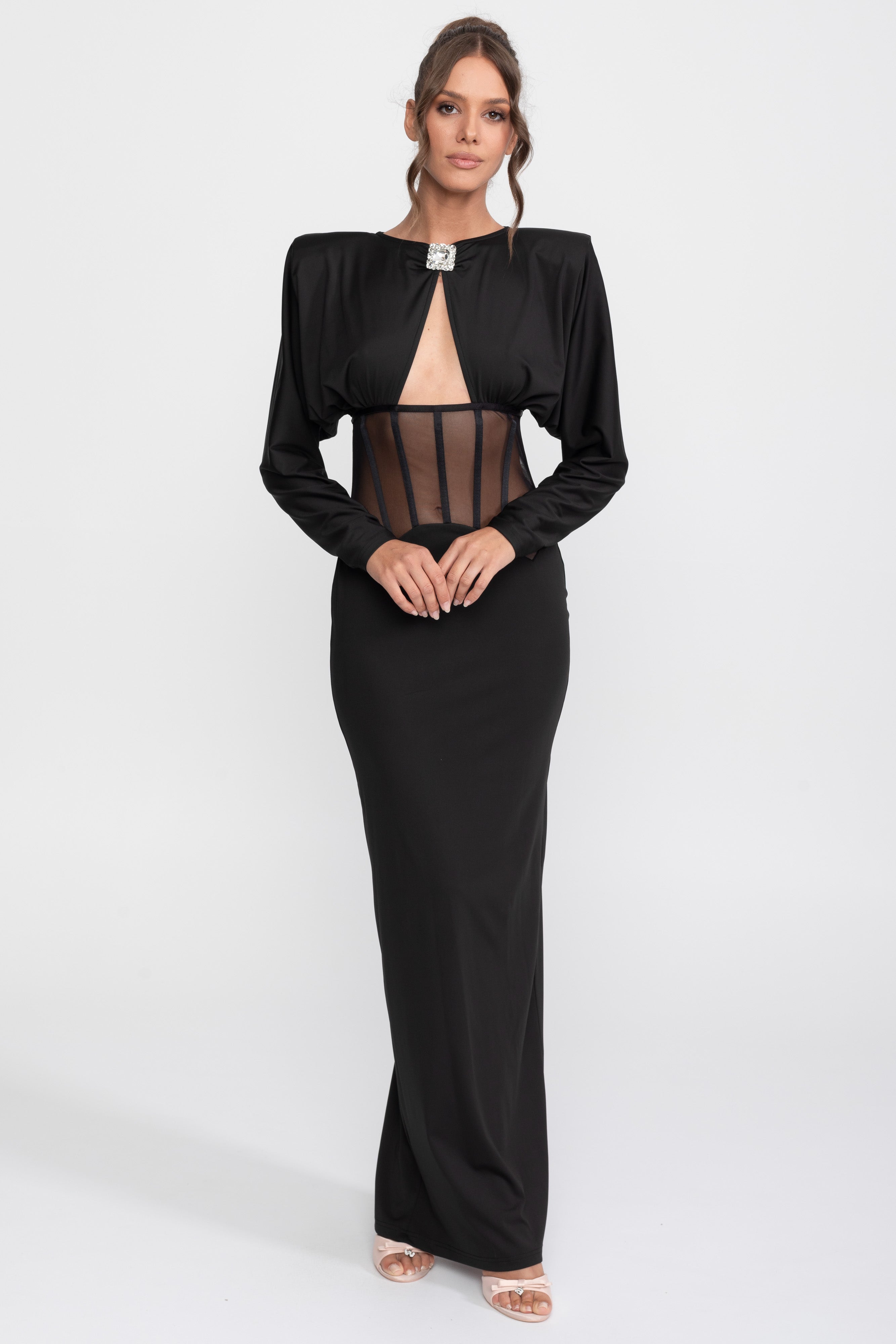 Cutout Sheer Panel Gown With Long Sleeves - Black