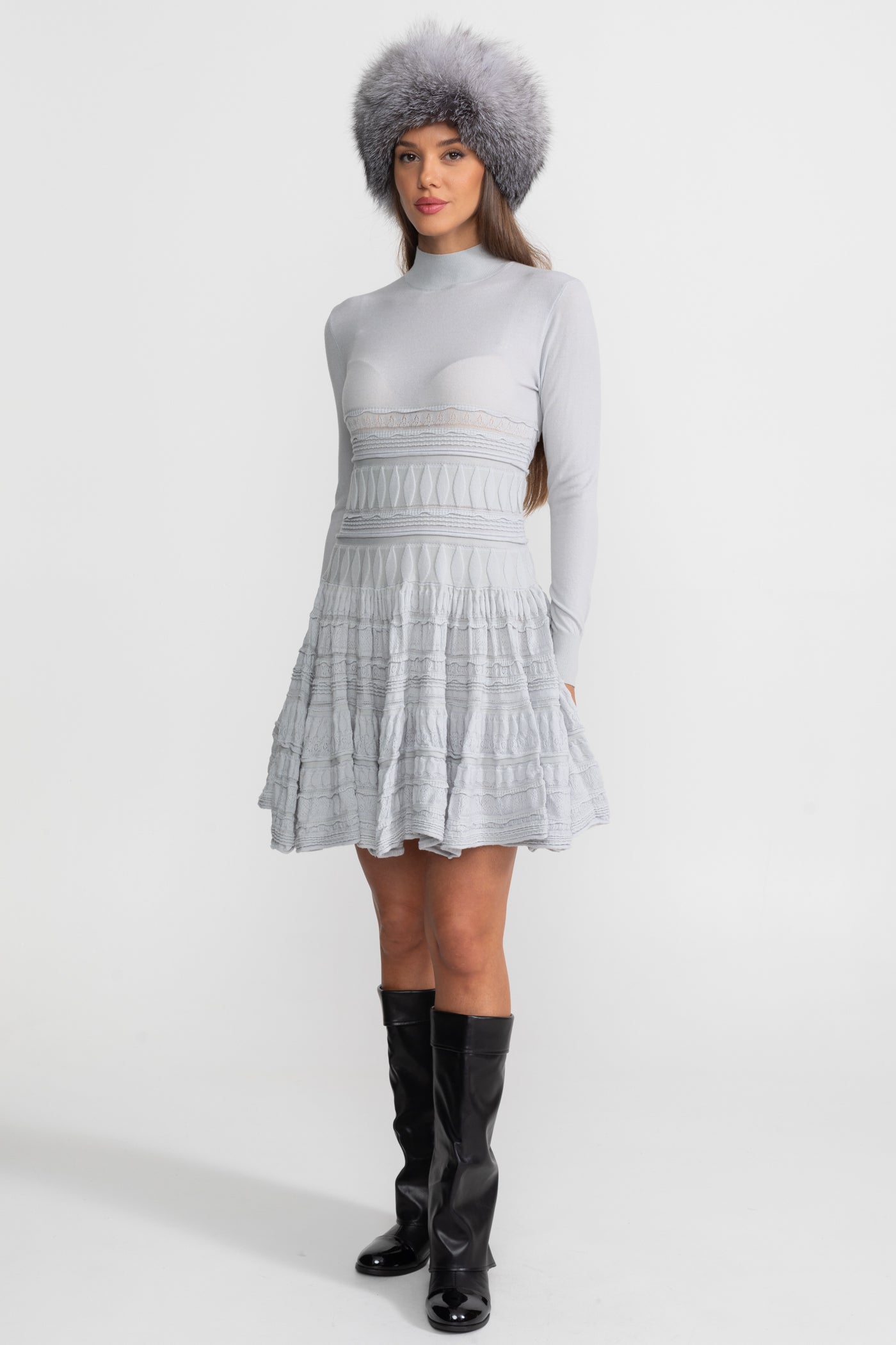 Textured Knit Mini Dress with Flared Skirt - Light Gray