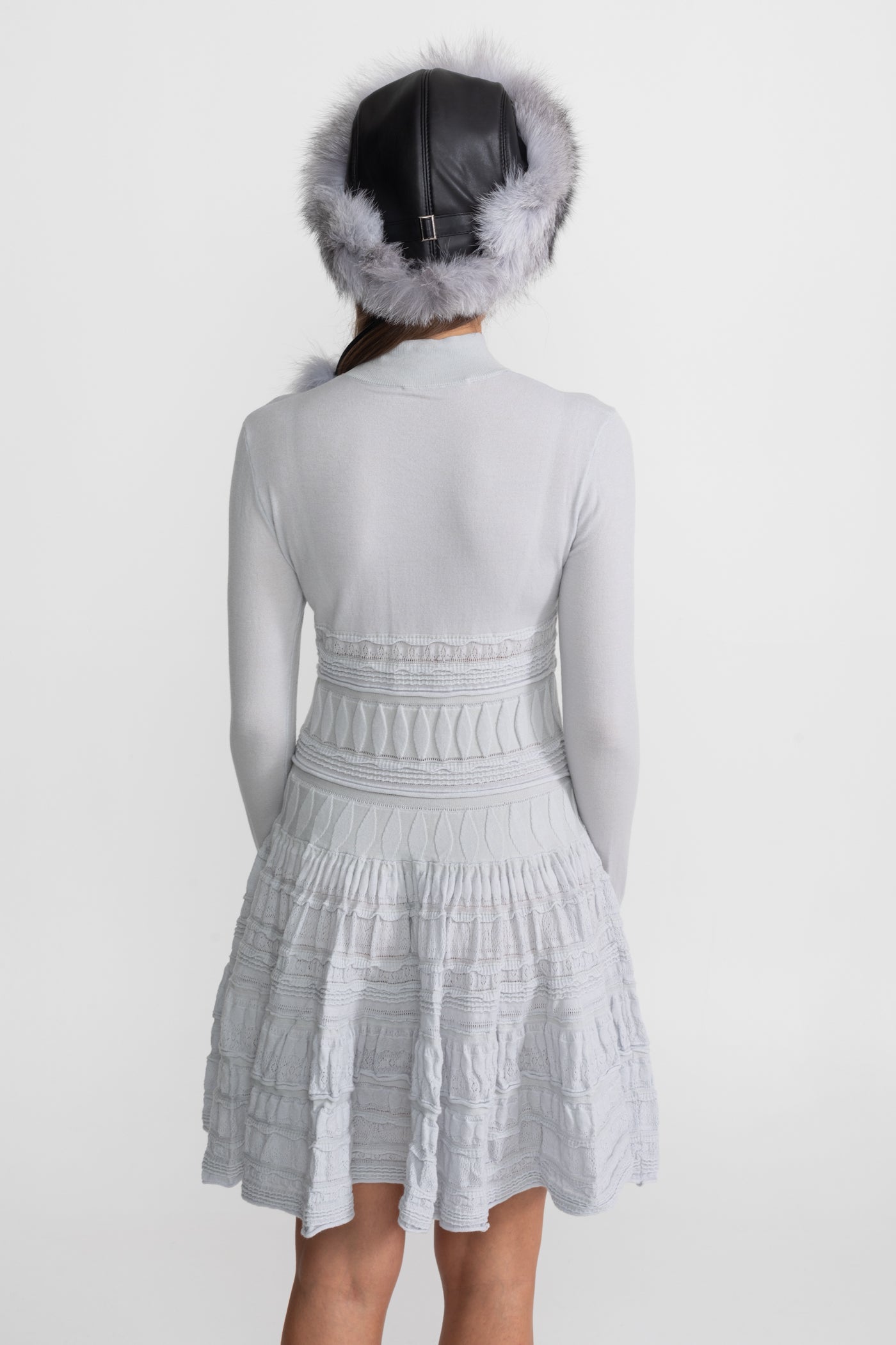 Textured Knit Mini Dress with Flared Skirt - Light Gray