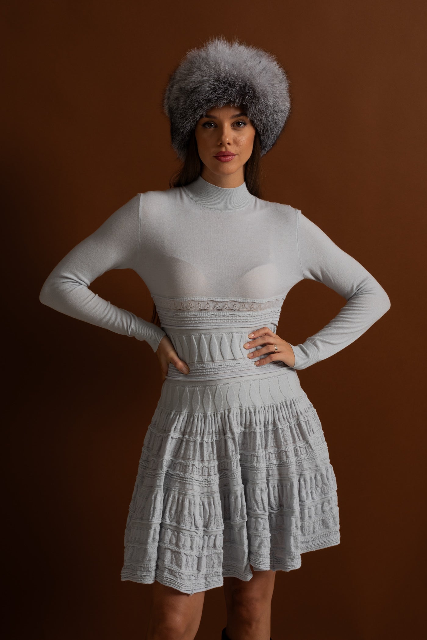 Textured Knit Mini Dress with Flared Skirt - Light Gray