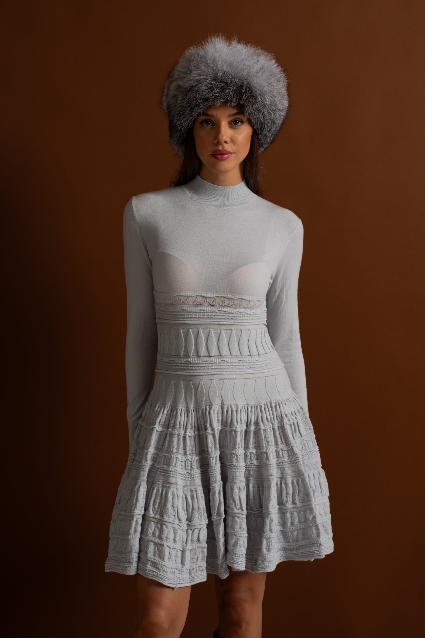 Textured Knit Mini Dress with Flared Skirt - Light Gray