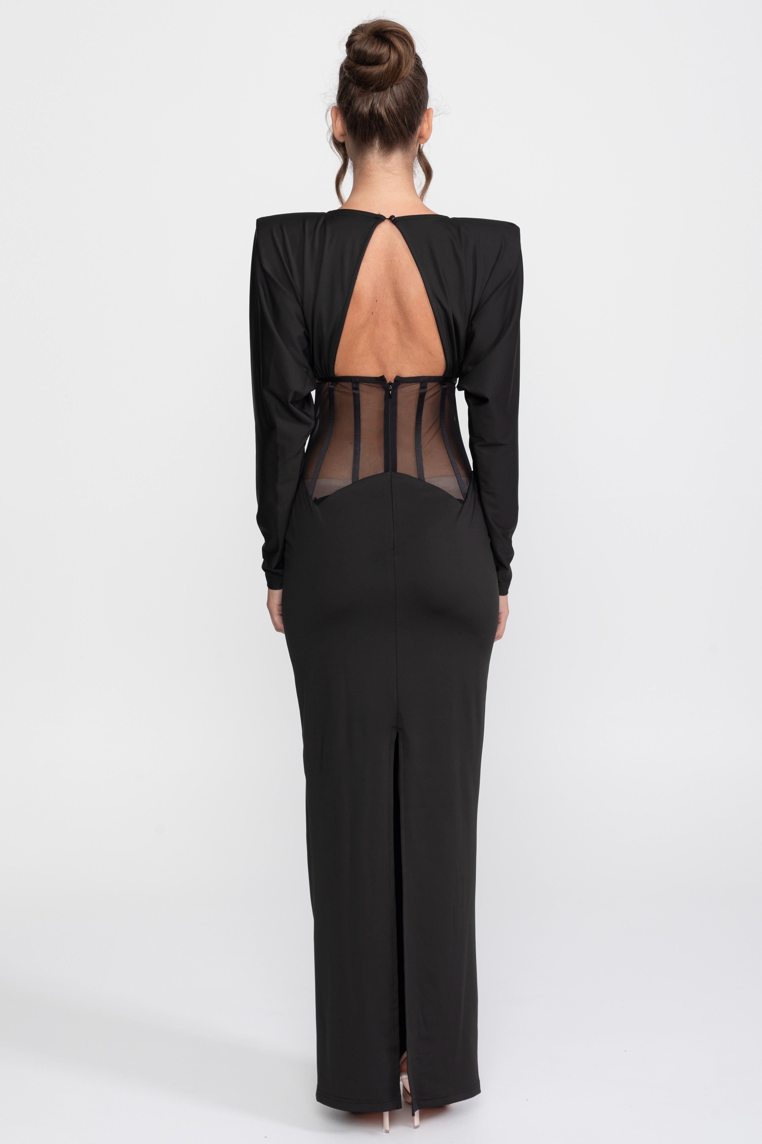 Cutout Sheer Panel Gown With Long Sleeves - Black