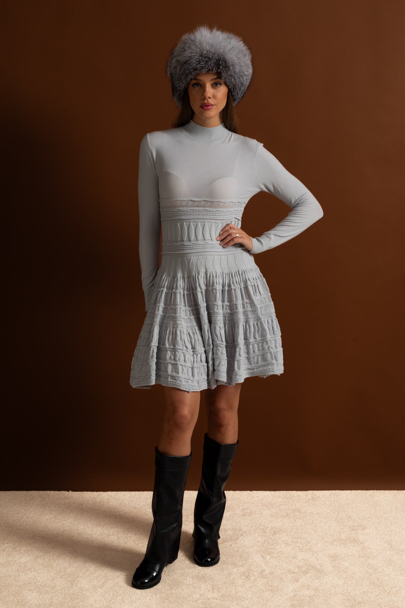 Textured Knit Mini Dress with Flared Skirt - Light Gray