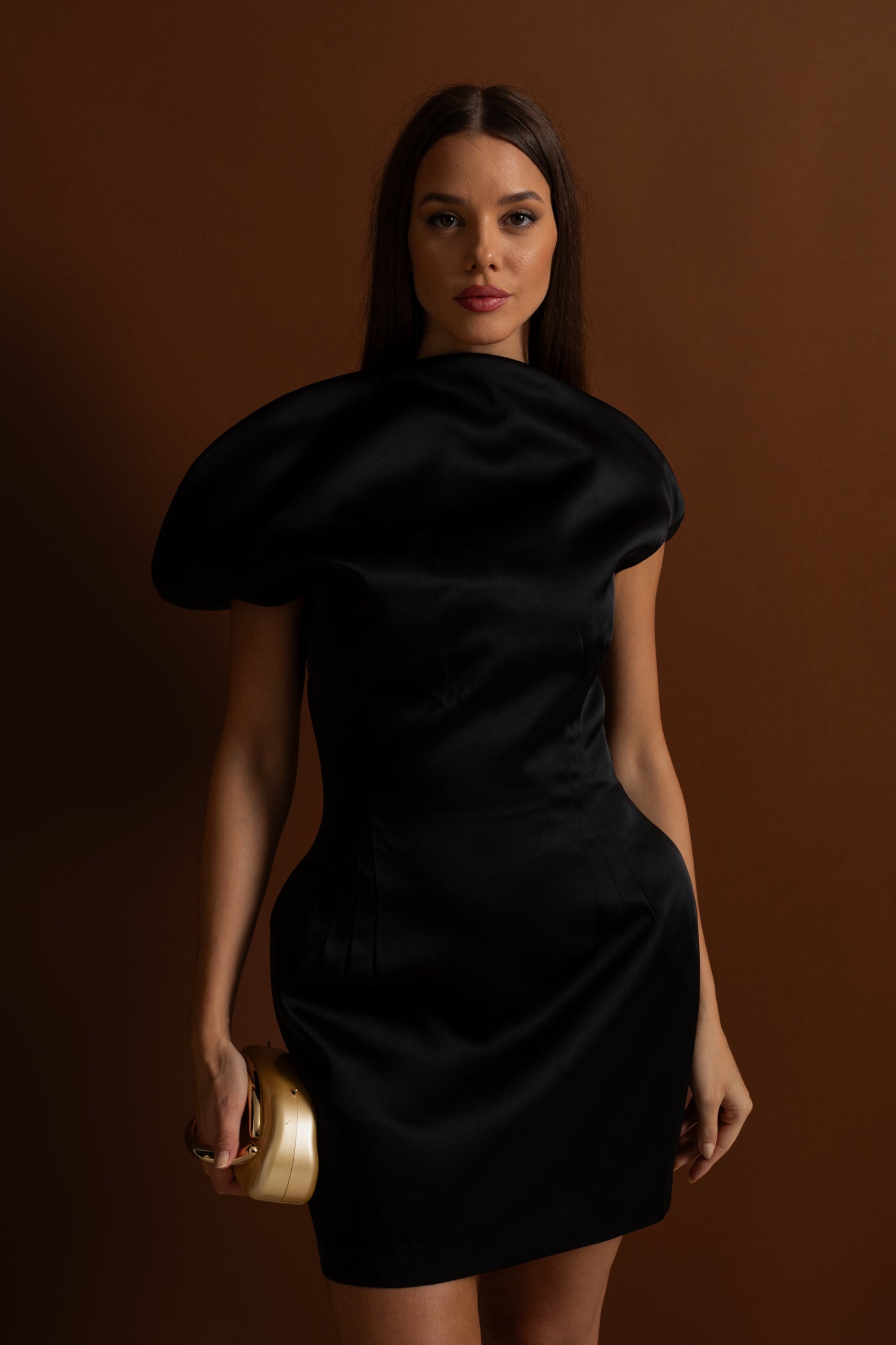 Satin Mini Dress with Sculptural Shoulder Detail - Black
