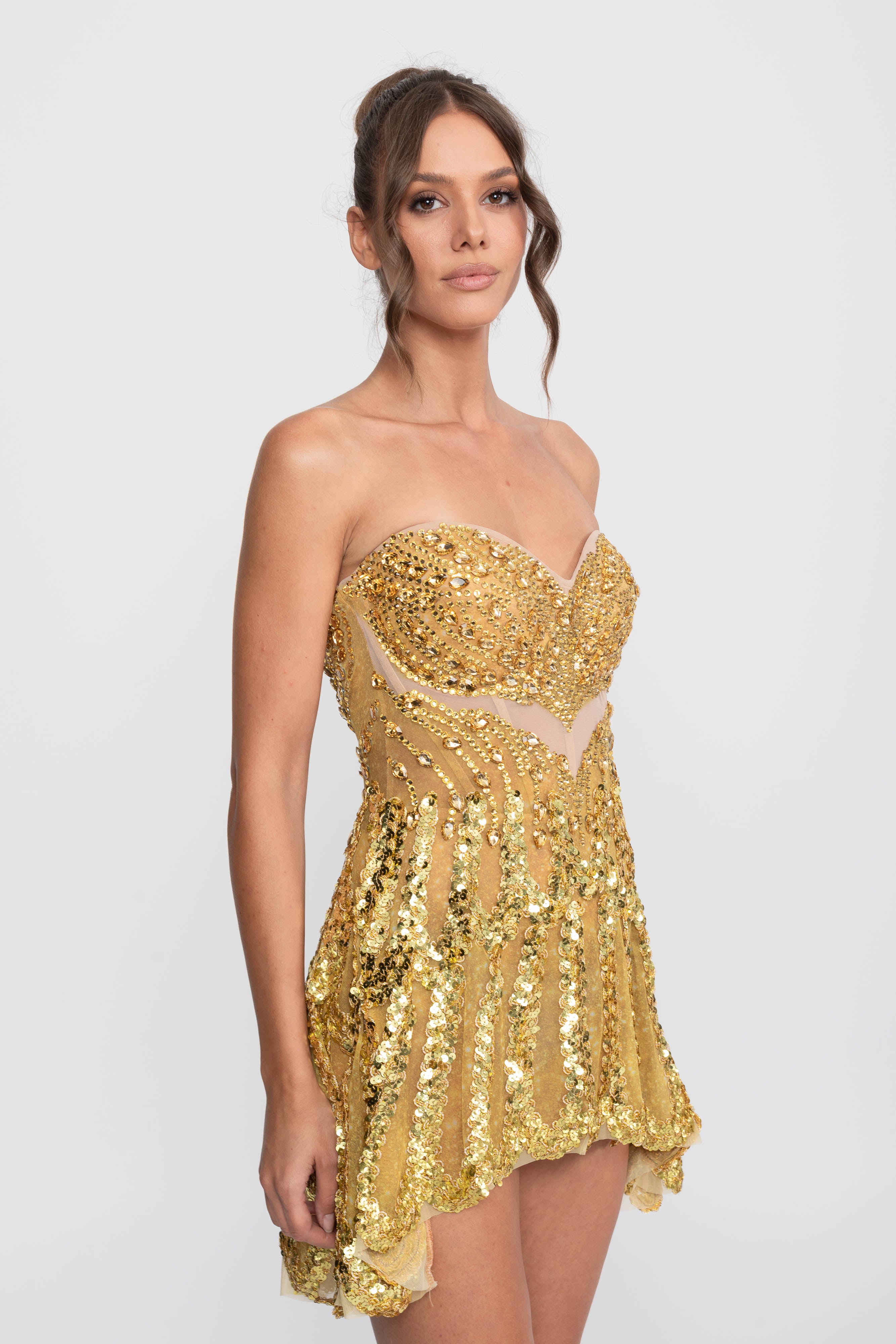 Jeweled Fit-and-Flare Mini Dress With Sweetheart Neckline - Gold