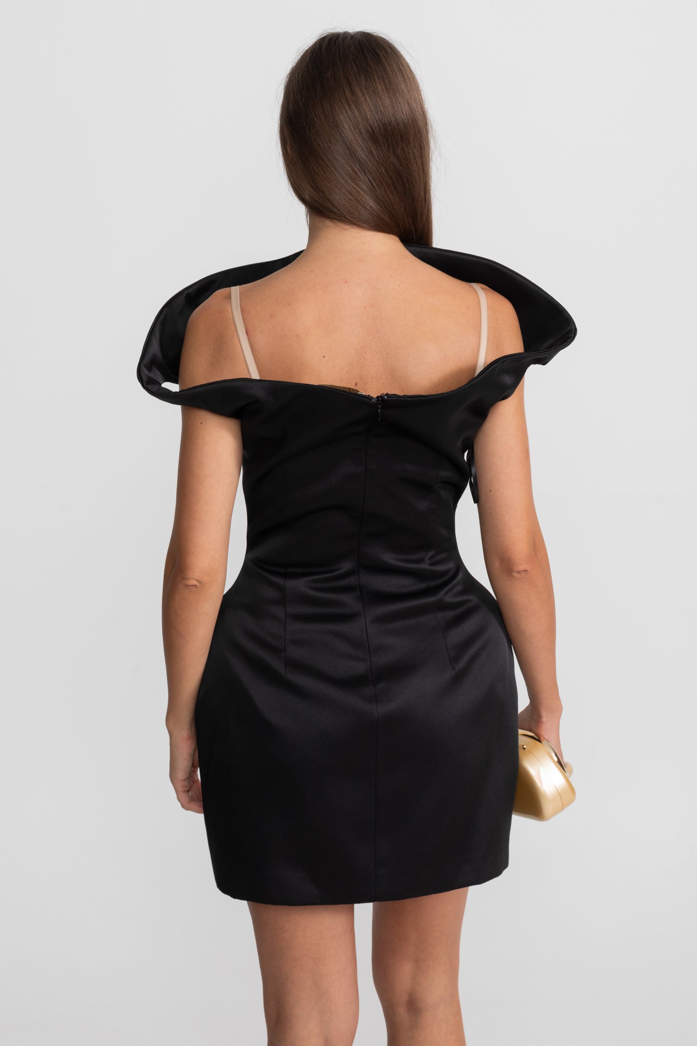Satin Mini Dress with Sculptural Shoulder Detail - Black