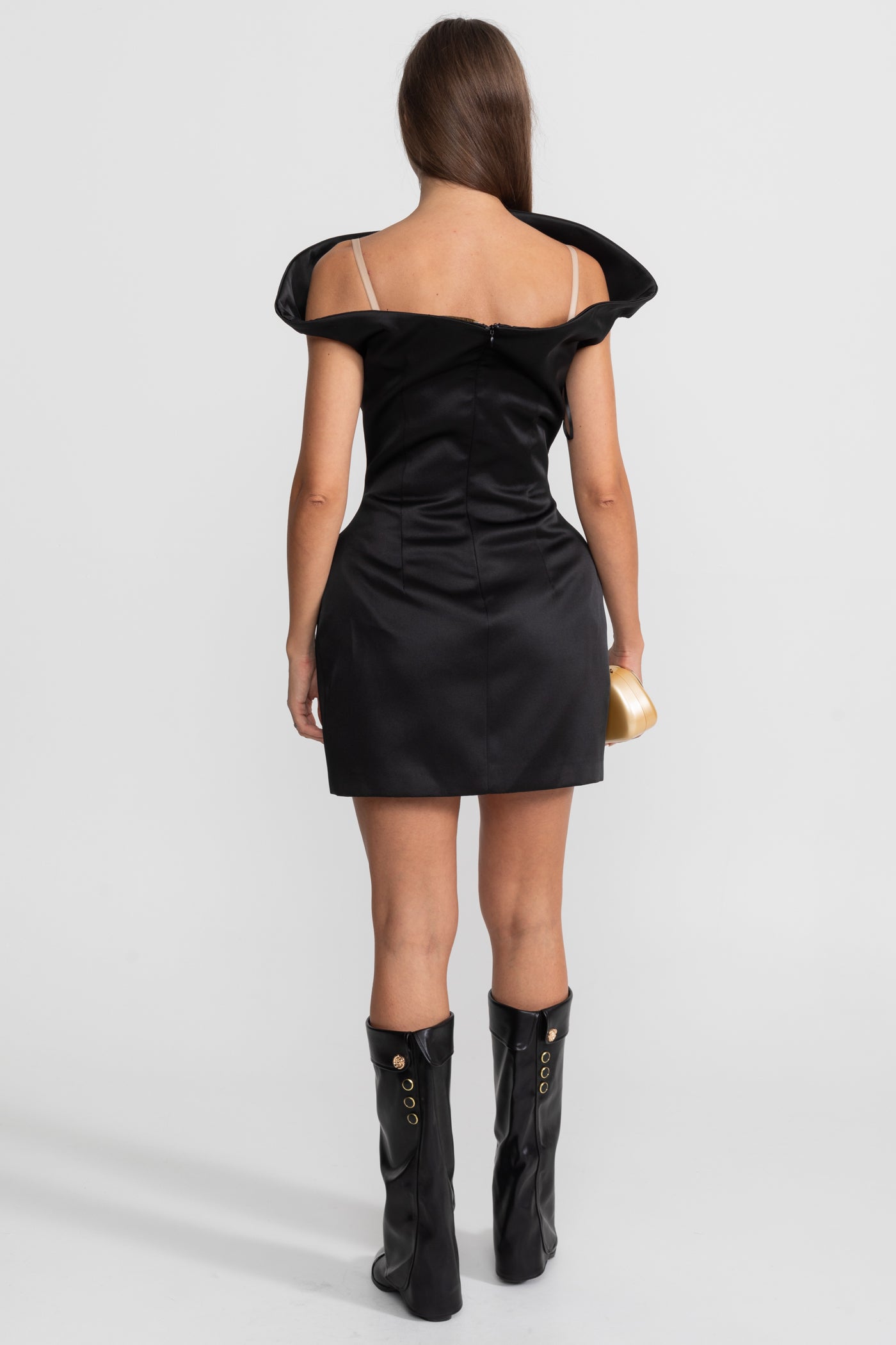 Satin Mini Dress with Sculptural Shoulder Detail - Black
