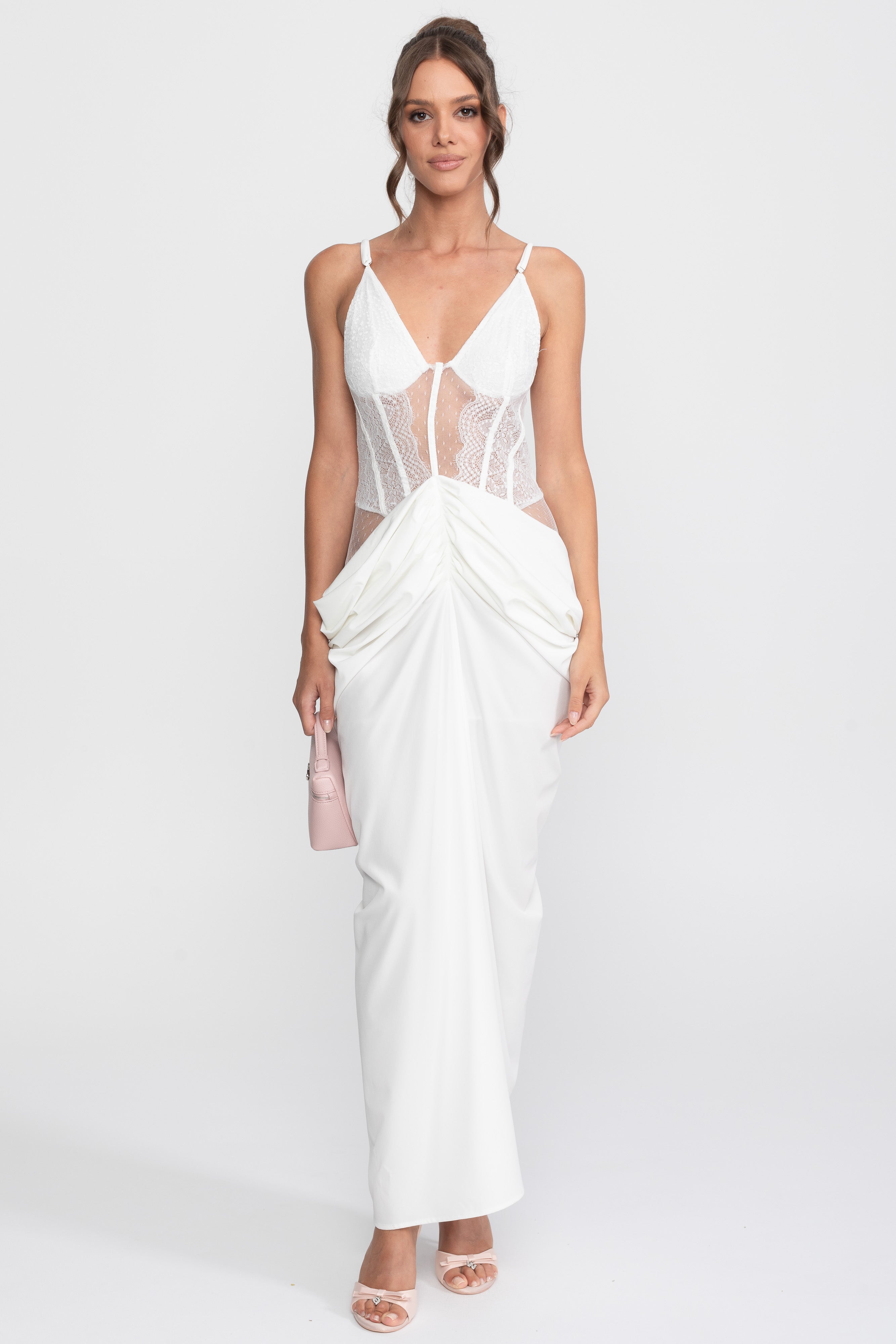 Lace Bodice Draped Gown With Spaghetti Straps - White