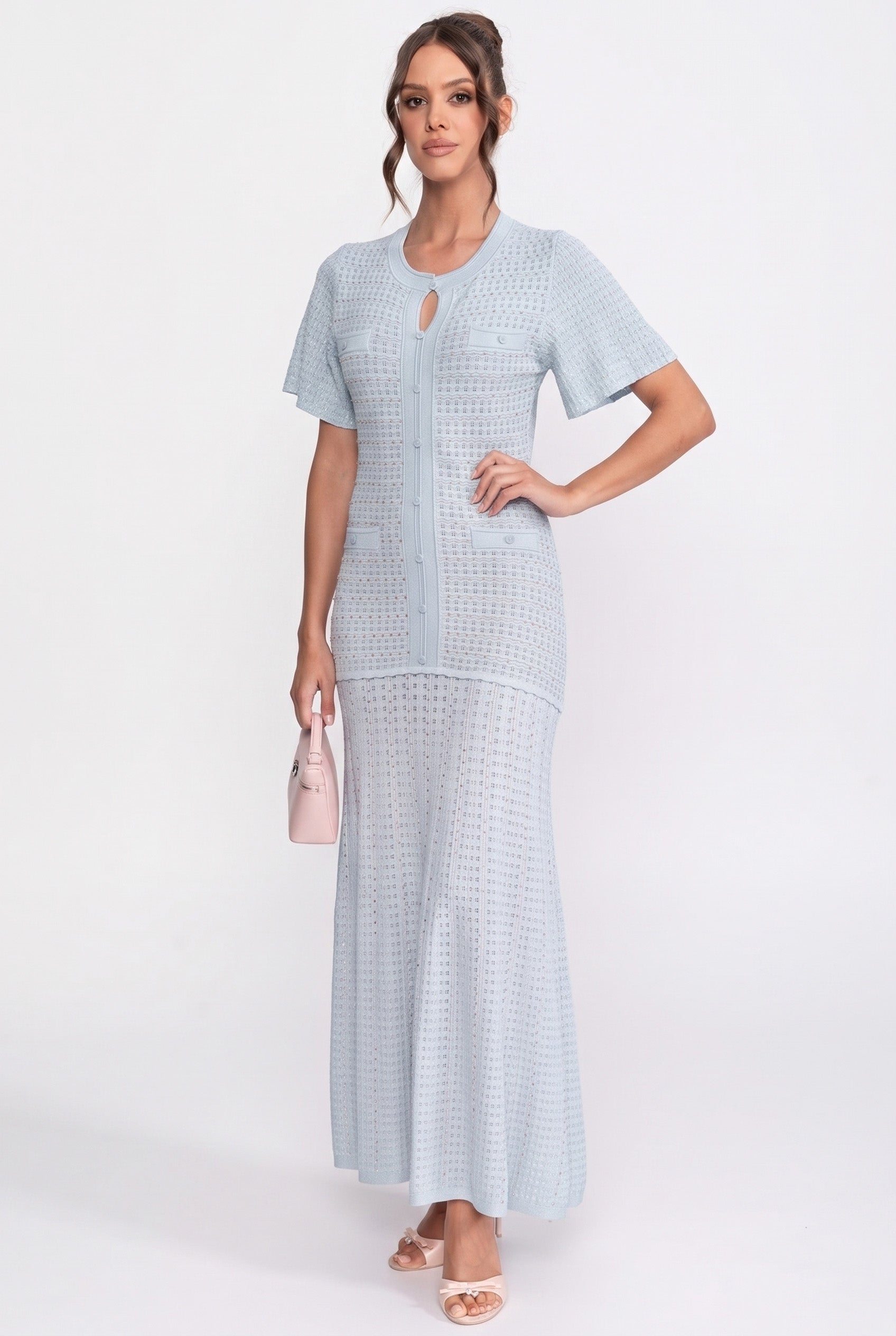Short Sleeve Midi Dress With Shimmer Knit Texture - Light Blue