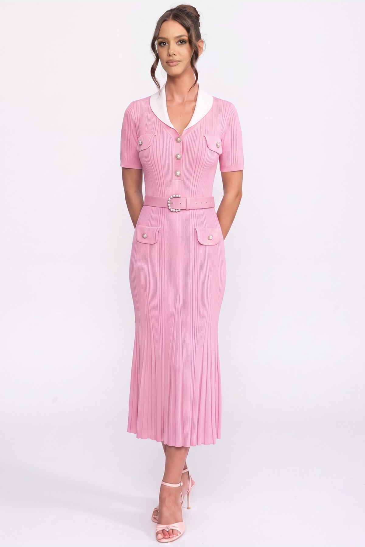 Ribbed Knit Midi Dress With White Collar And Pearl Belt - Pink