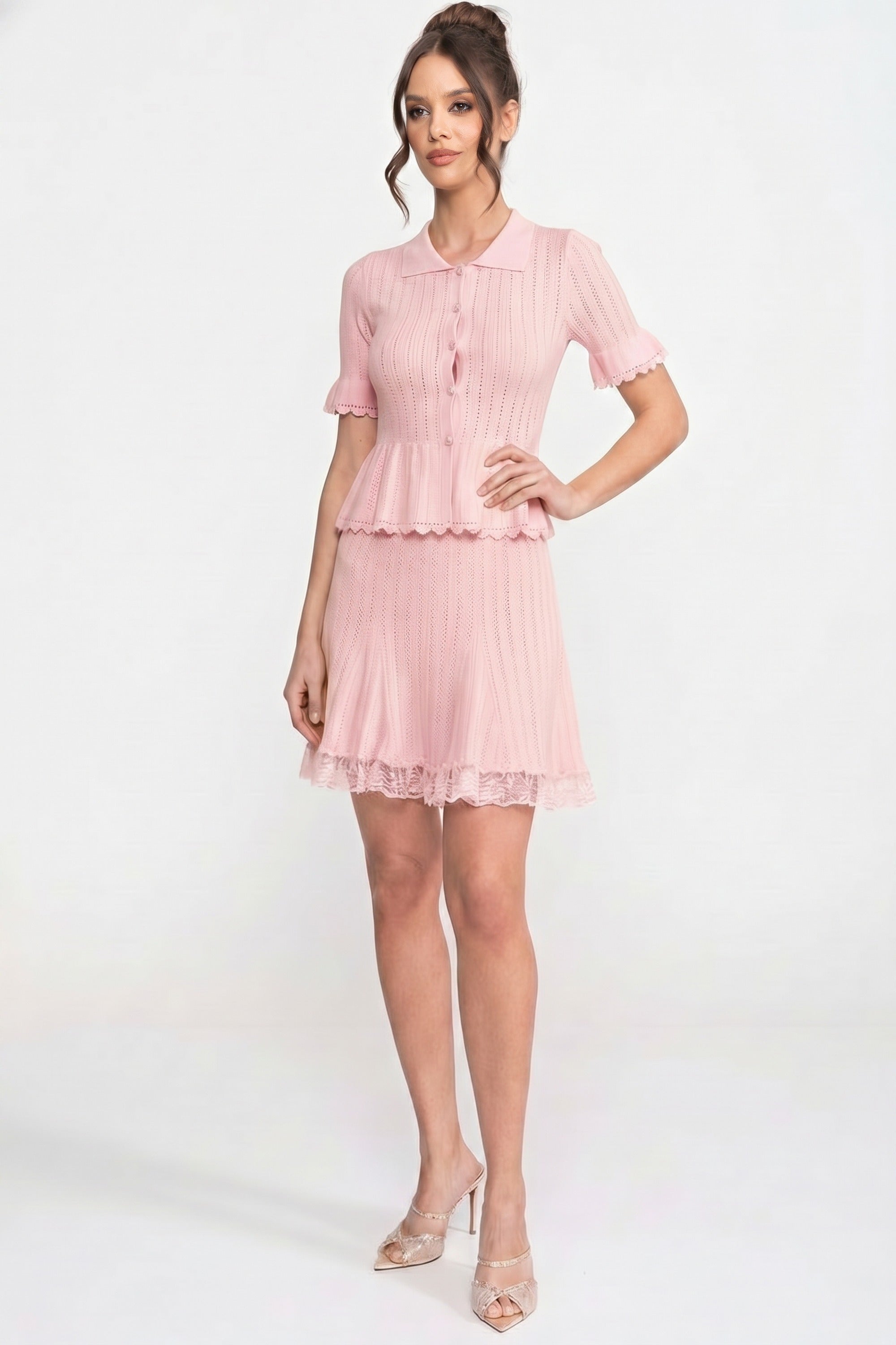Peter-Pan Collar Knit Peplum Co-Ord set With Lace Hem - Pink