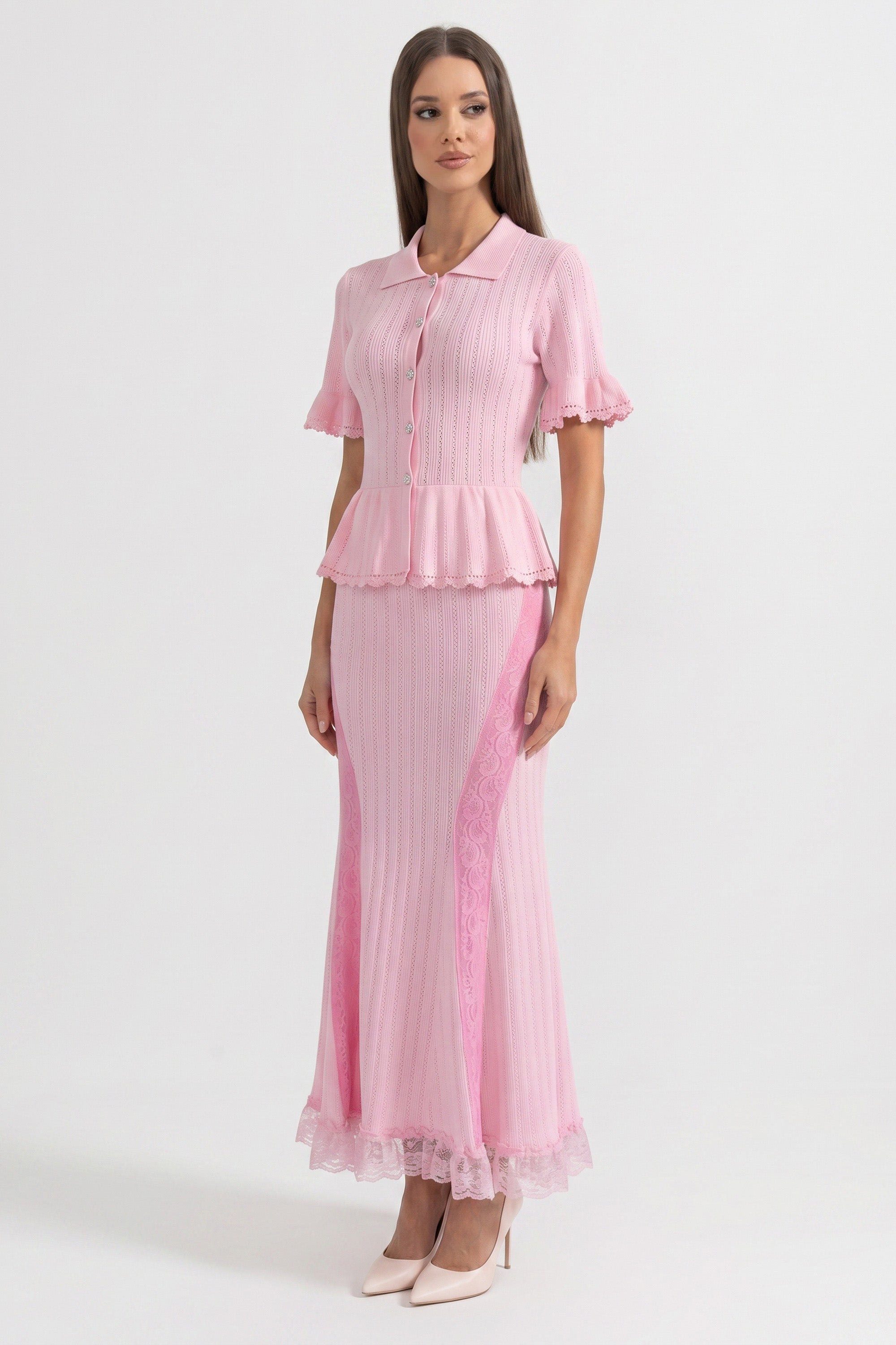 Peter-Pan Collar Knit Peplum Maxi Dress With Lace Hem - Pink