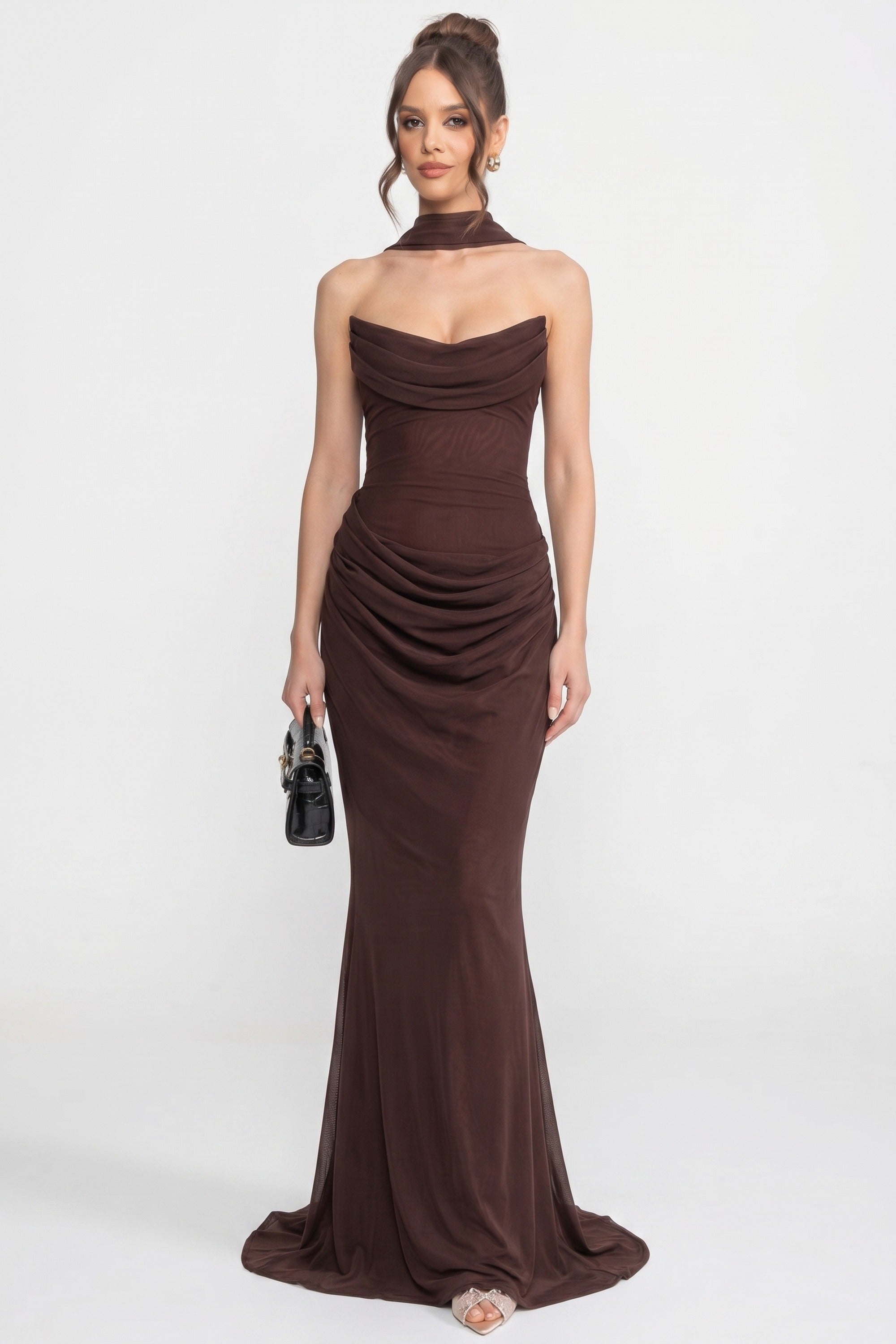 Strapless Draped Maxi Gown With Cowl Neckline And Sheer Scarf - Brown