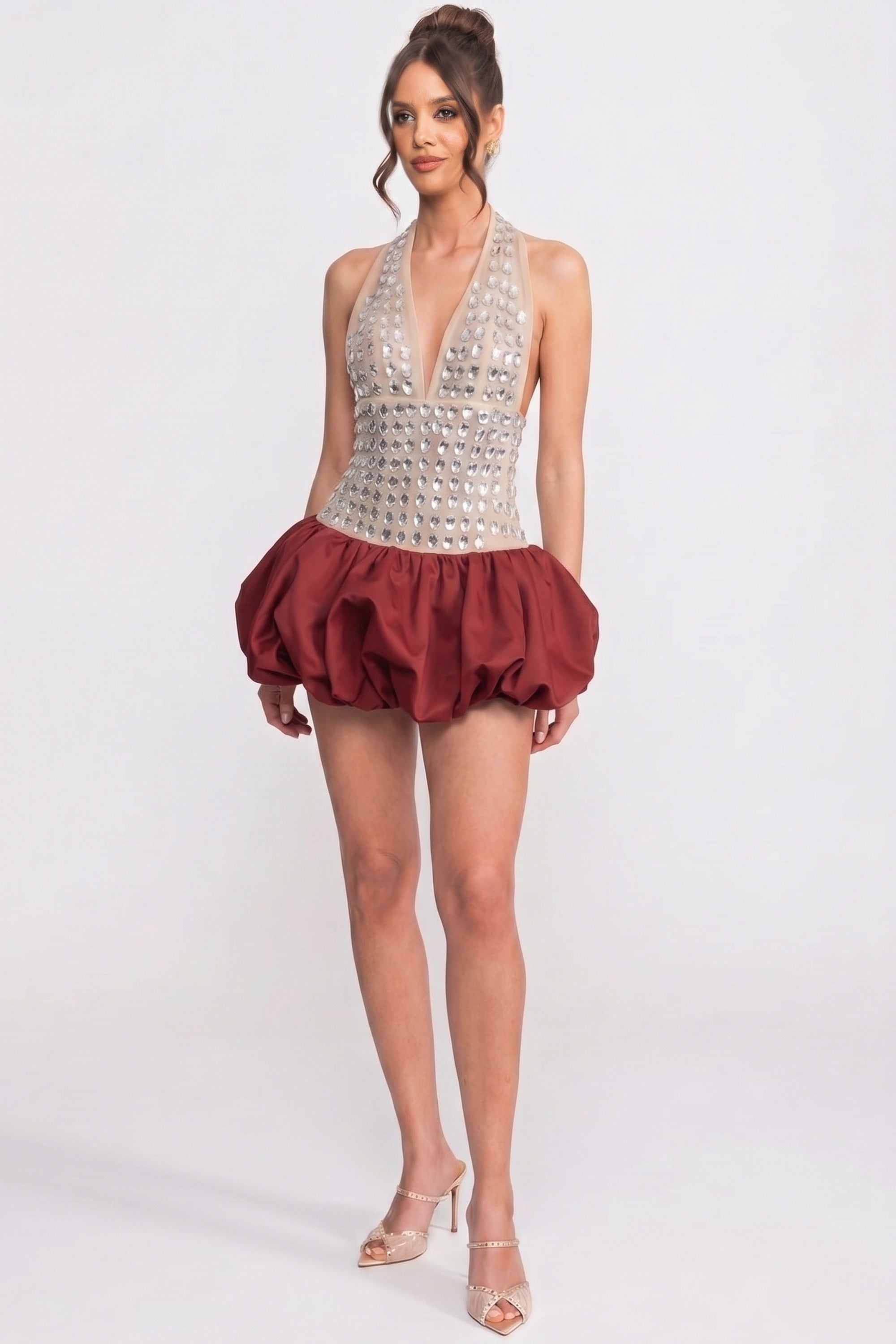 Crystal-Embellished Halter Mini Dress With Bubble Skirt - Red