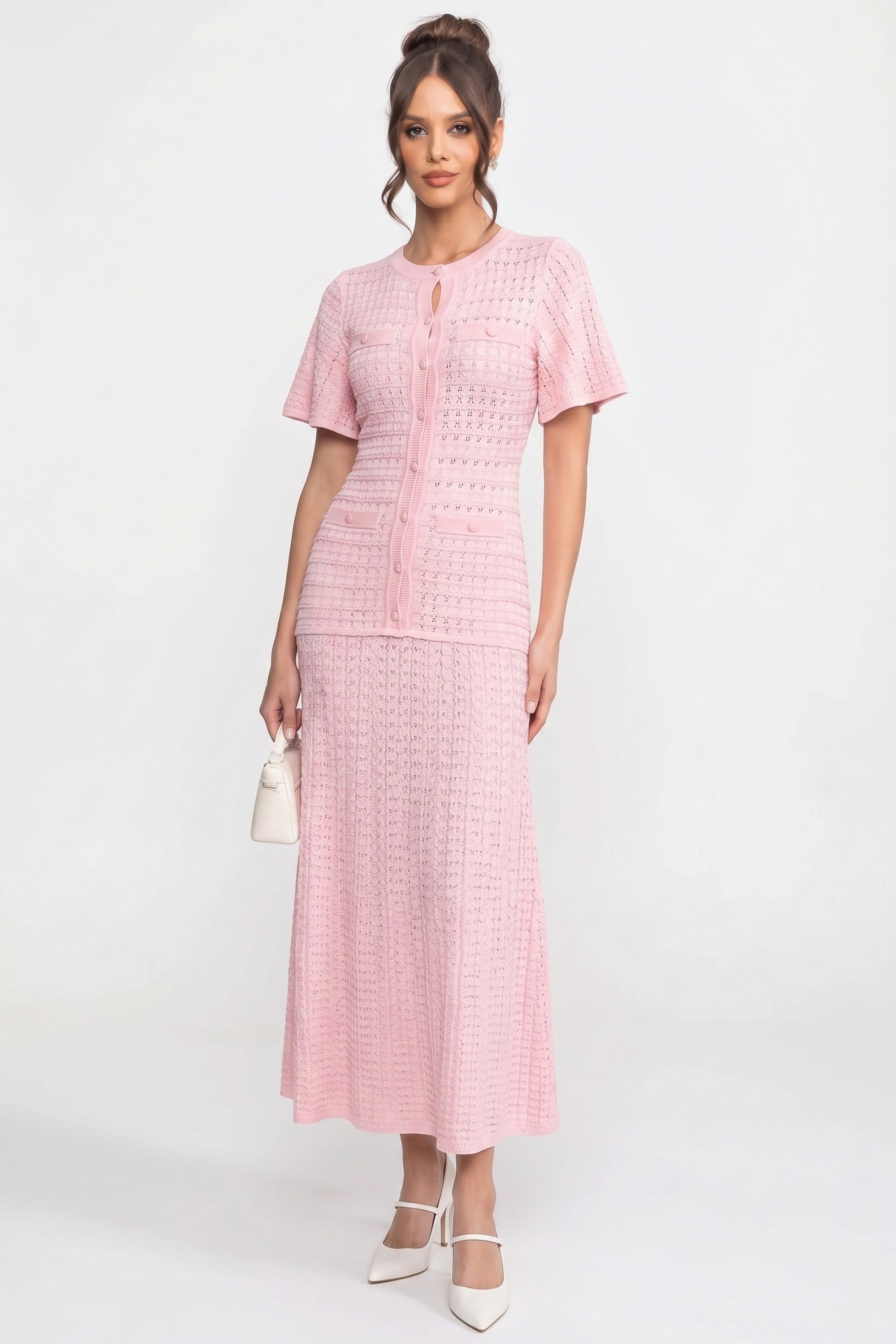 Short Sleeve Midi Dress With Shimmer Knit Texture - Pink