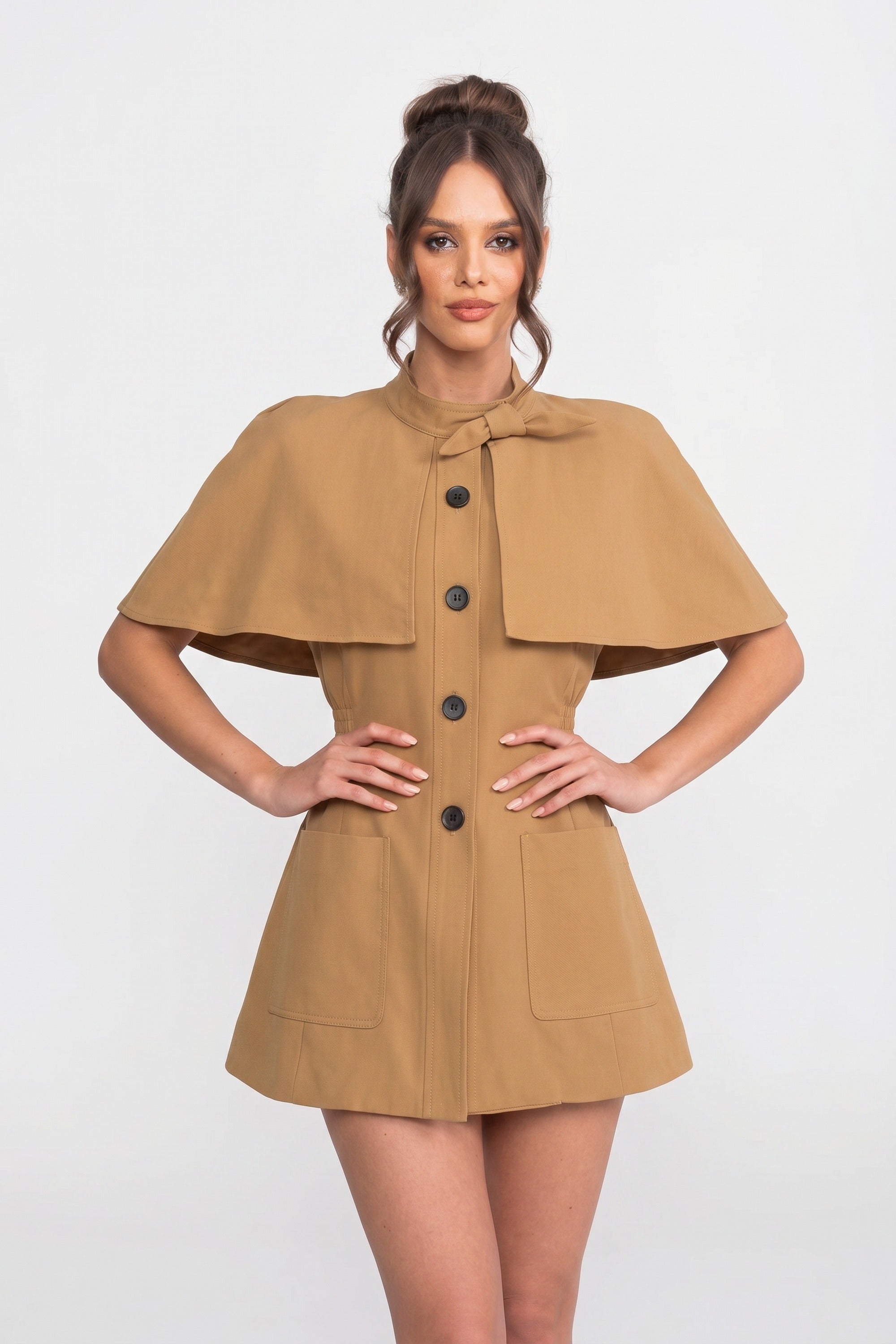 Button-Front Coat-Dress With Structured Cape Overlay - Khaki