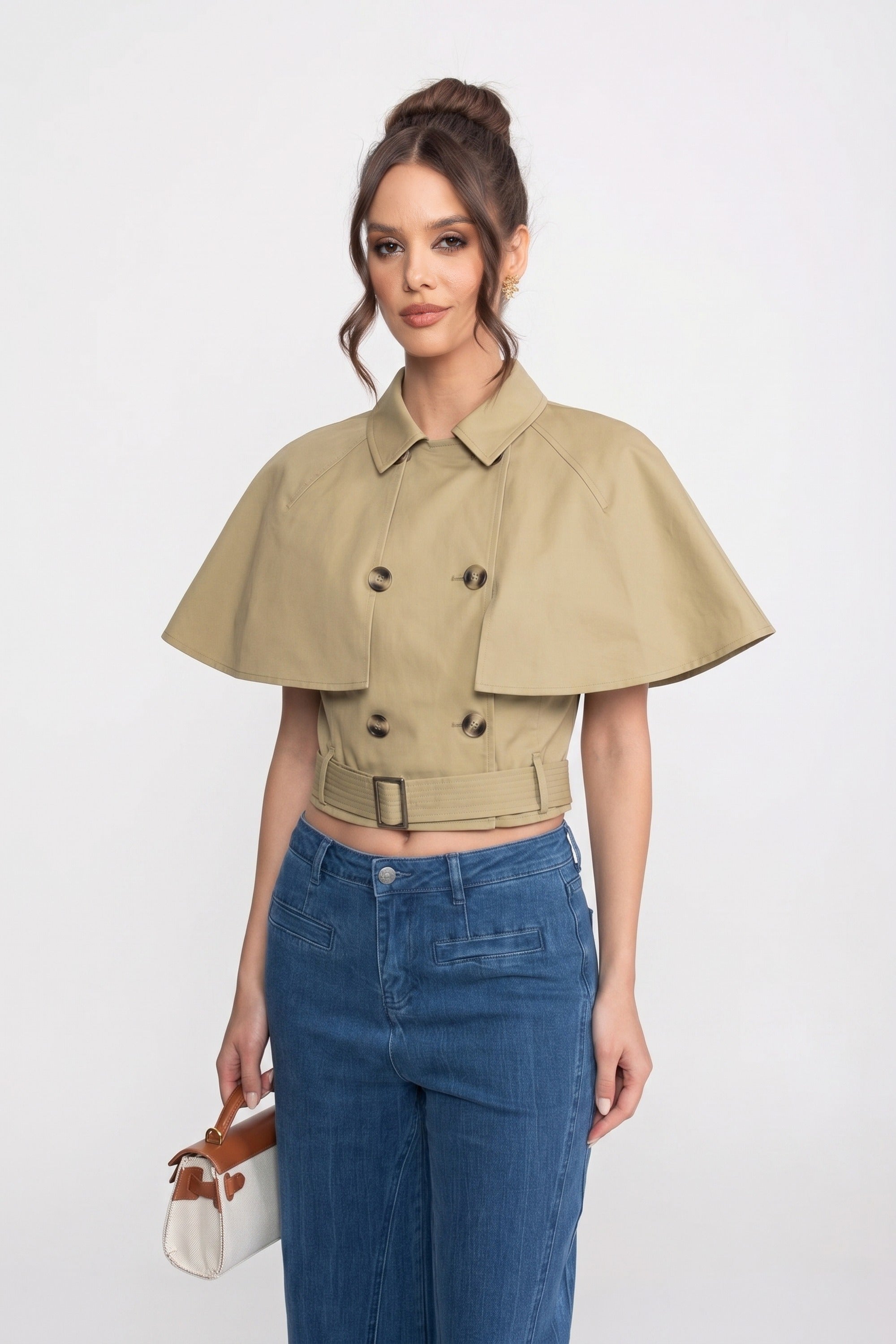Double-Breasted Top With Spread Collar And Detachable Cape - Khaki