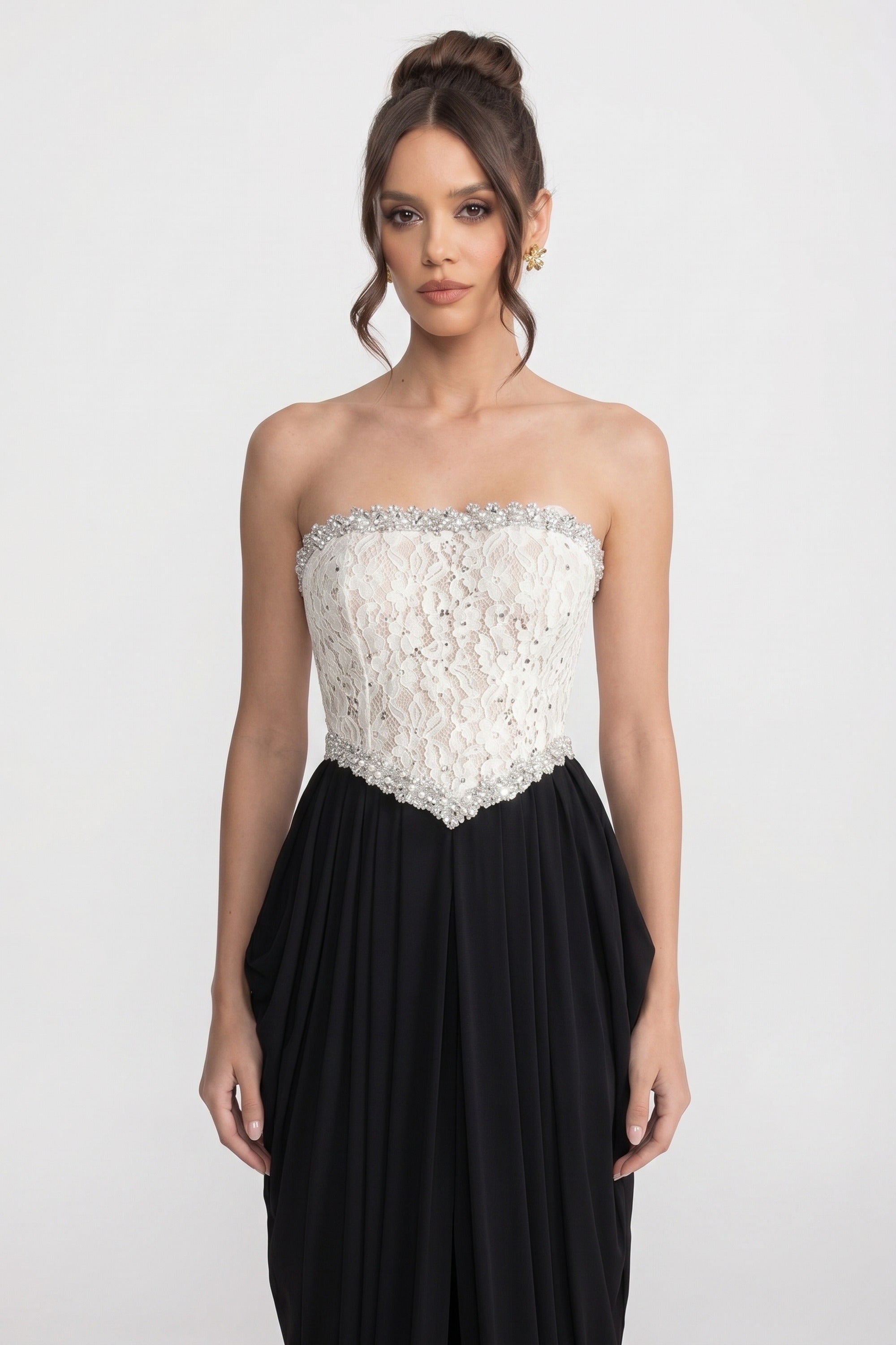 Strapless Gown With 3D Floral Corset Bodice And Draped Black Skirt - White+Black