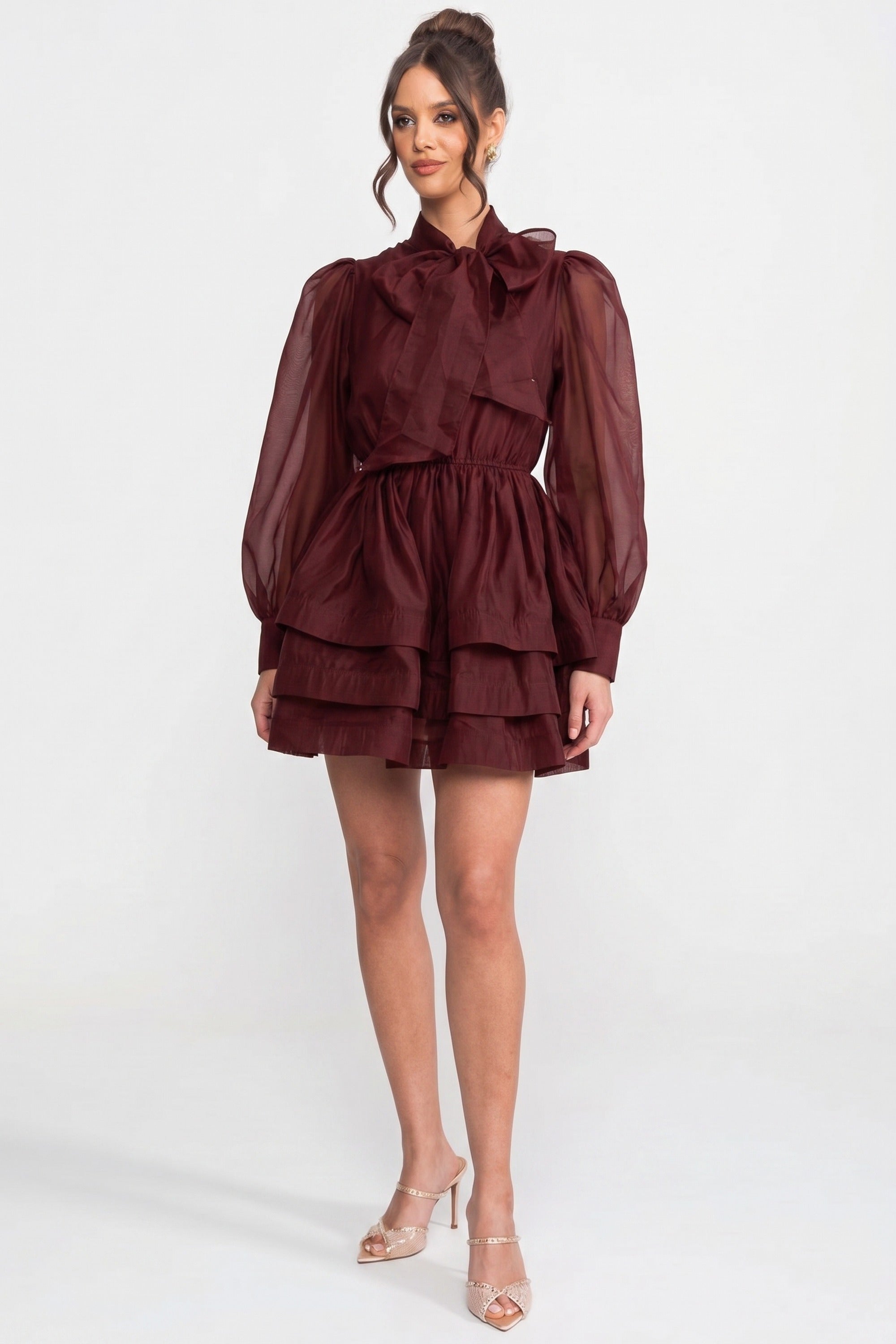 High-Neck Puff-Sleeve Mini Dress With Tiered Ruffle Skirt And Bow - Wine