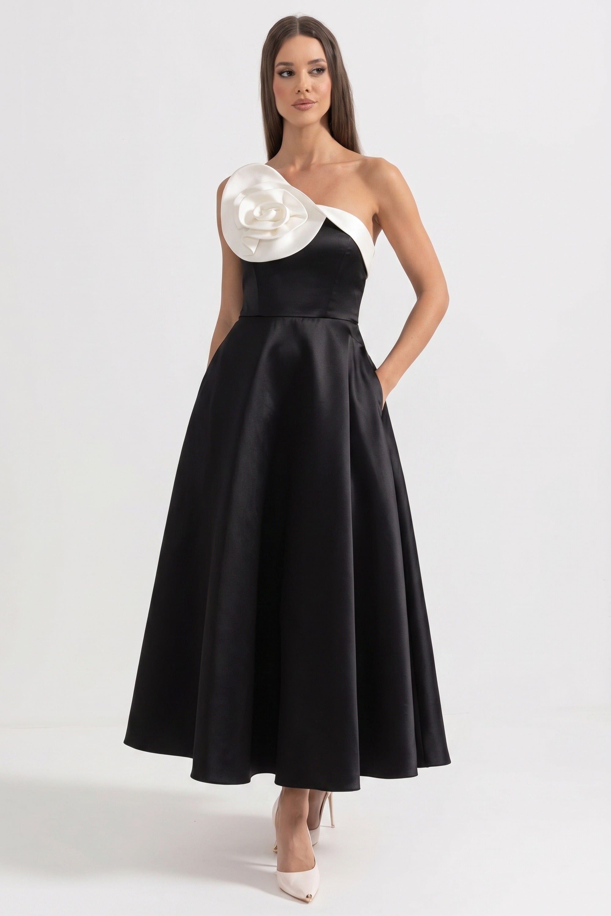 One-Shoulder Ballgown With Oversized 3D Rose And Full Skirt - Black