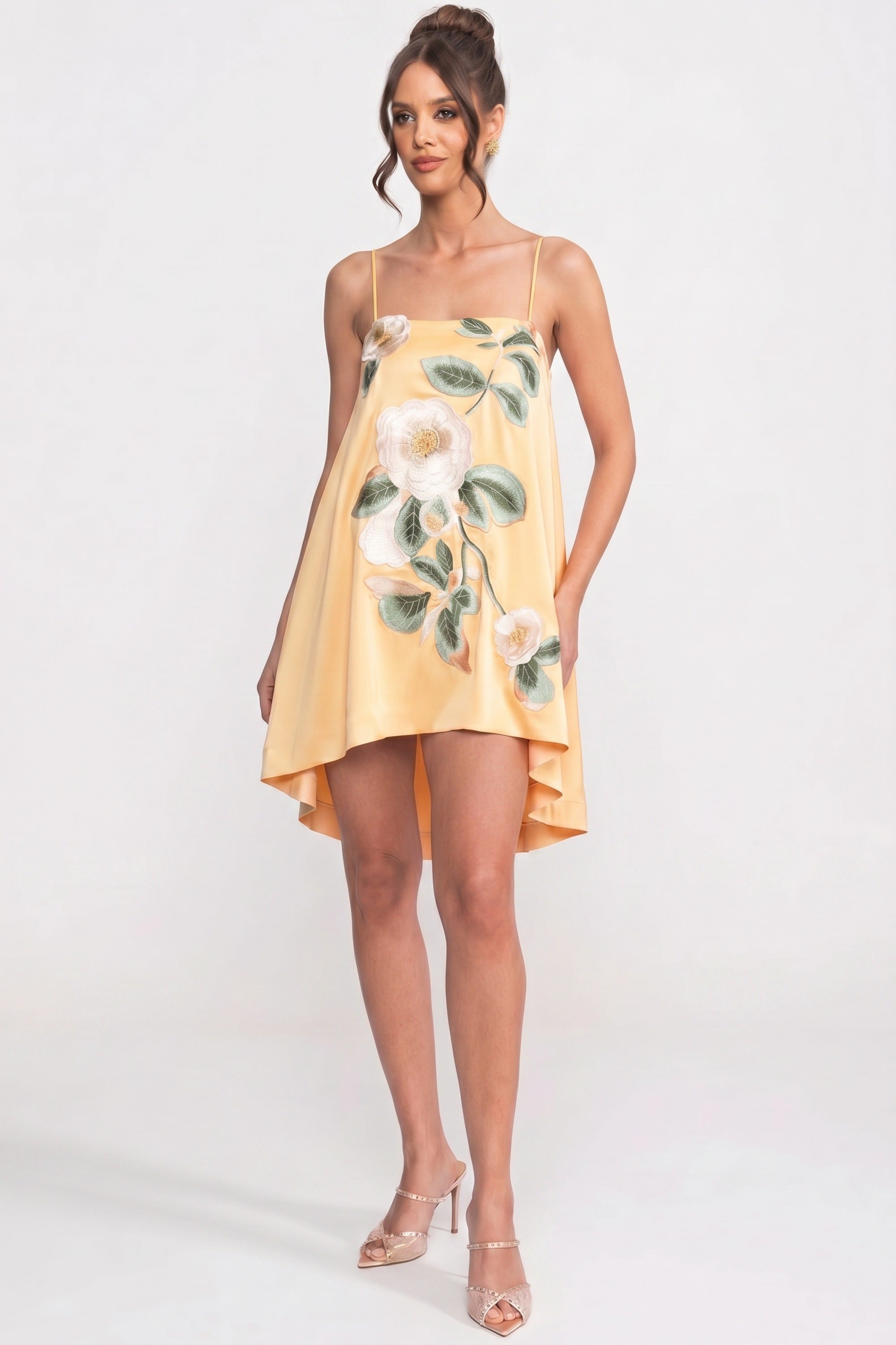 Spaghetti-Strap Mini Dress With 3D Floral Appliqué And A-Line Skirt - Yellow