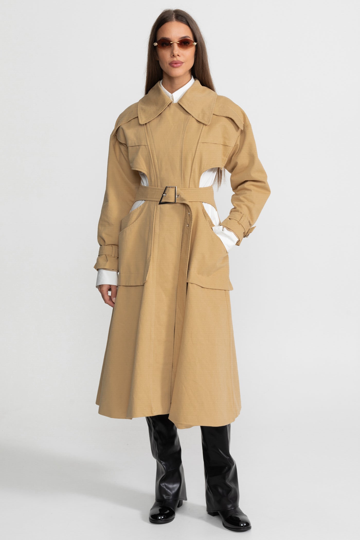 Cutout Trench Coat with Belted Waist and Utility Pockets - Beige