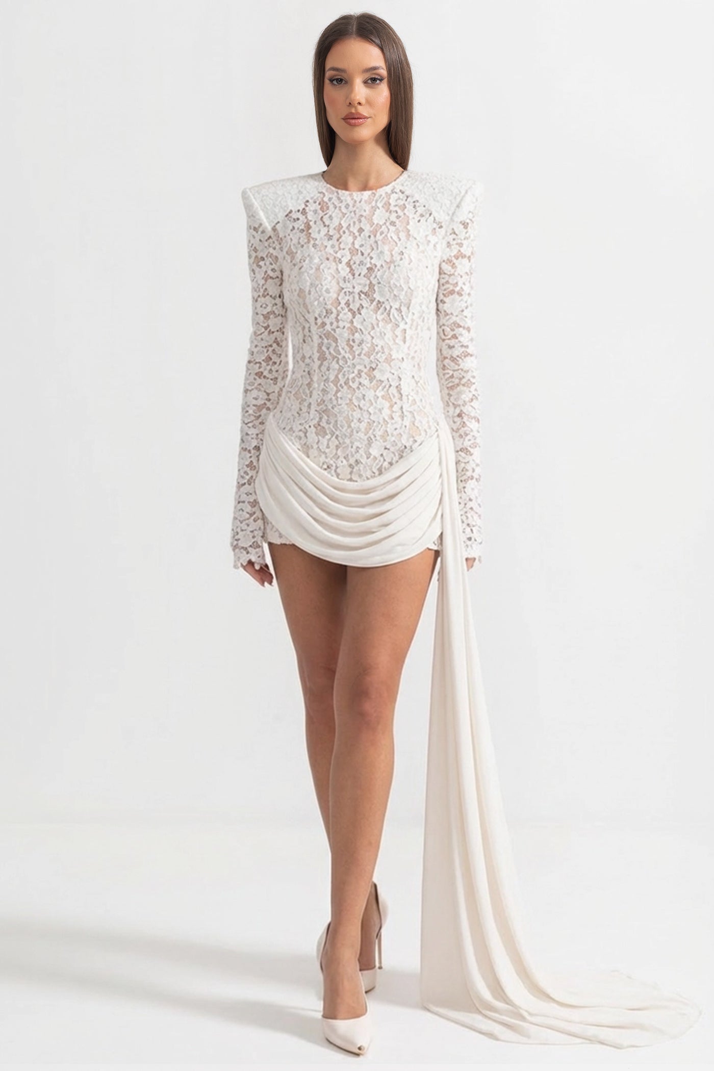 Sequin Lace Mini Dress With Structured Shoulders – White
