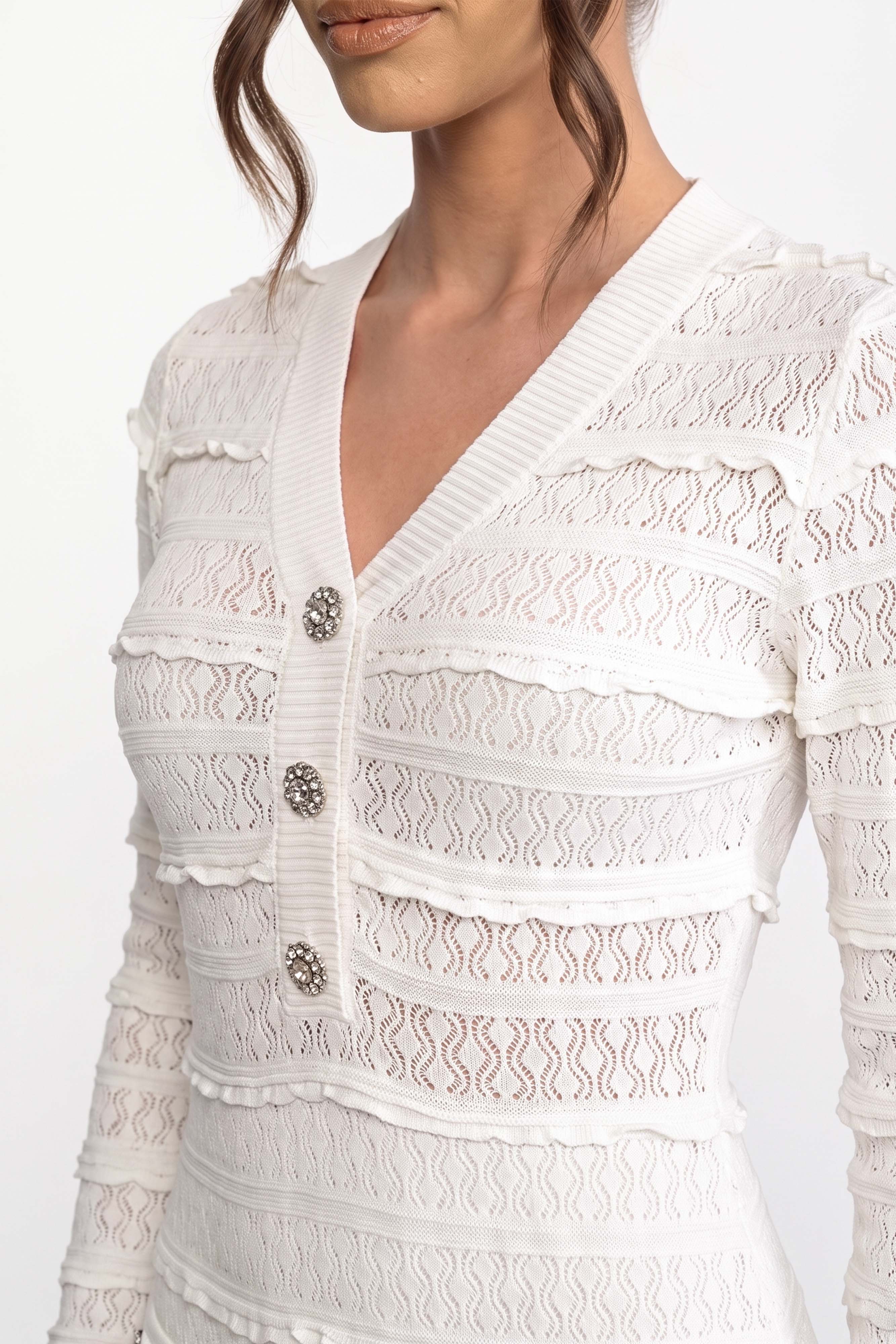Button Front Knit Fit And Flare Dress With Crystal Buttons - White