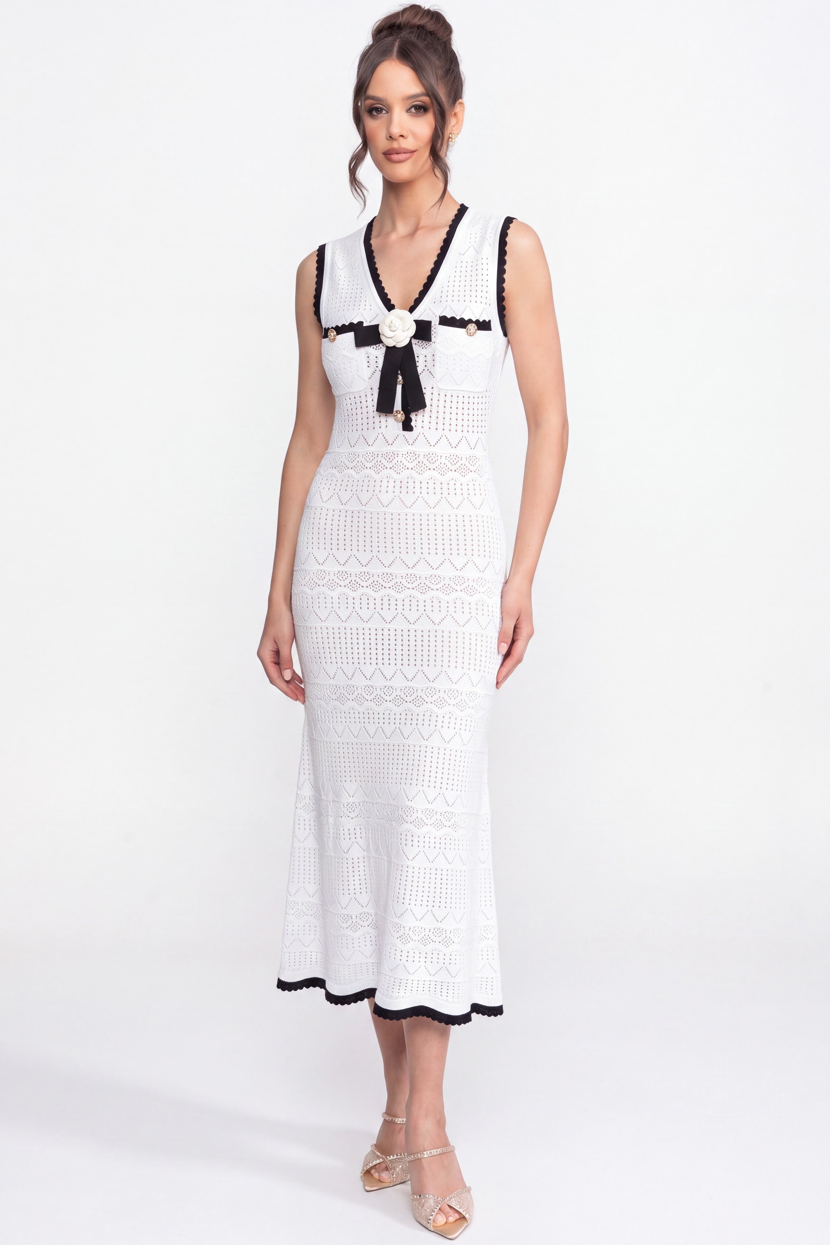 Crochet Knit Midi Dress With Black Trim And Bow - White