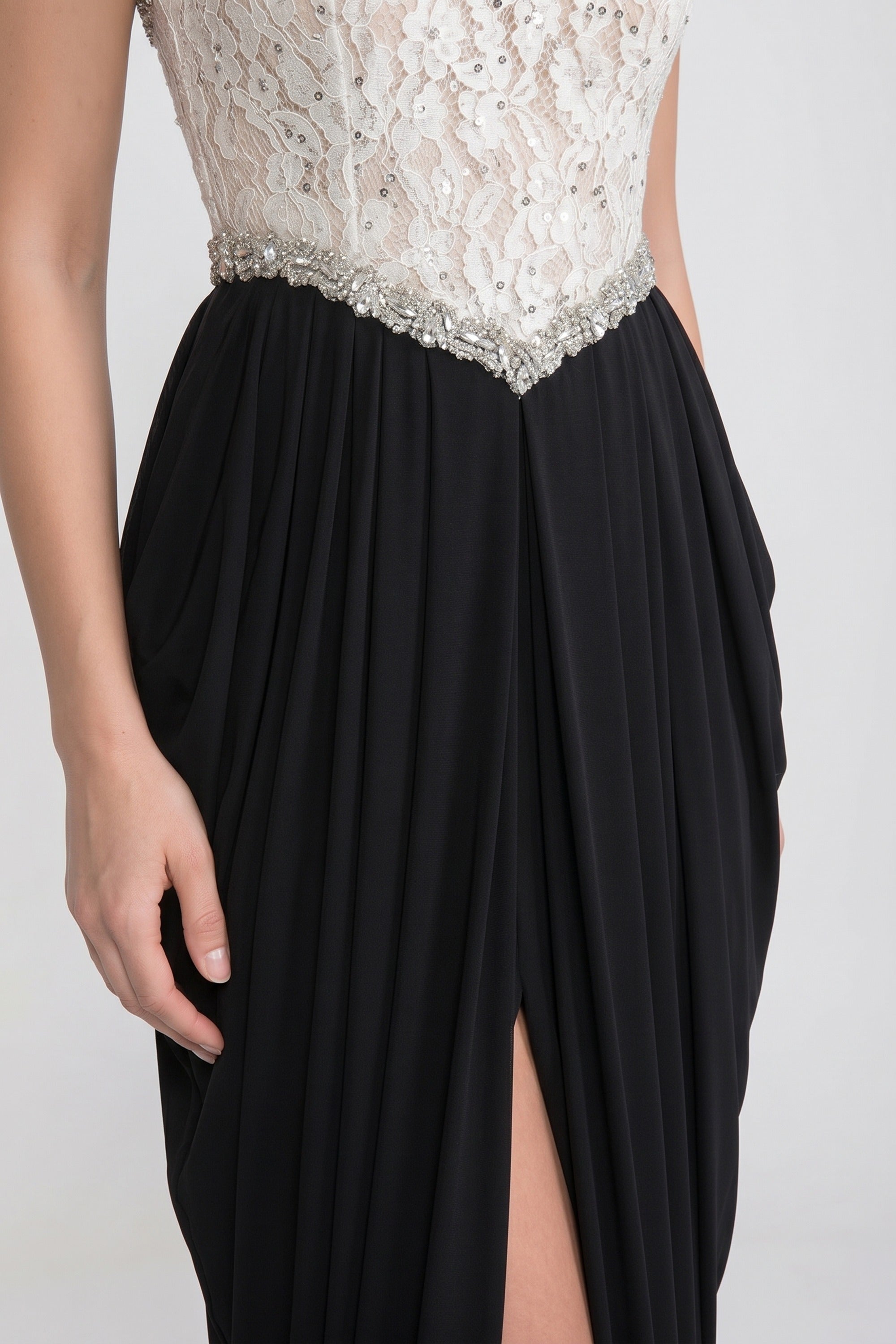 Strapless Gown With 3D Floral Corset Bodice And Draped Black Skirt - White+Black