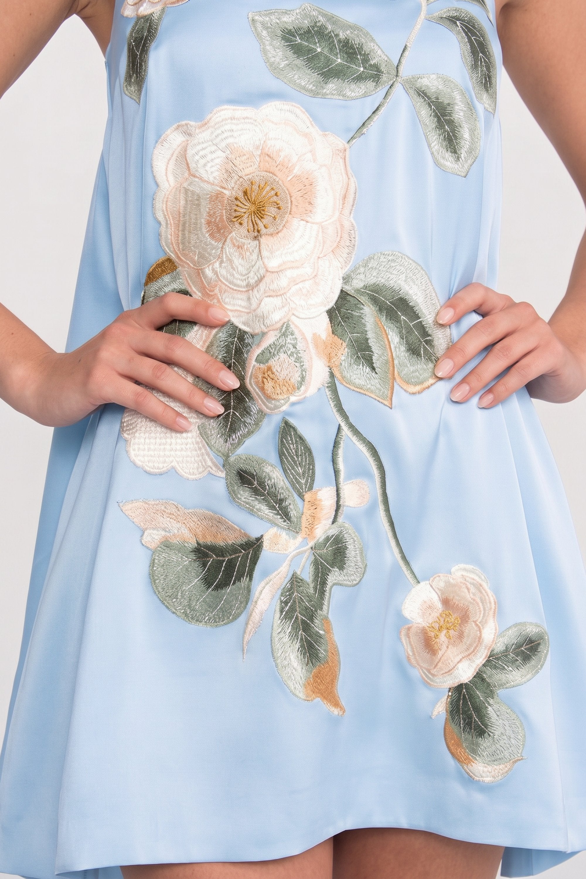 Spaghetti-Strap Mini Dress With 3D Floral Appliqué And A-Line Skirt - Blue