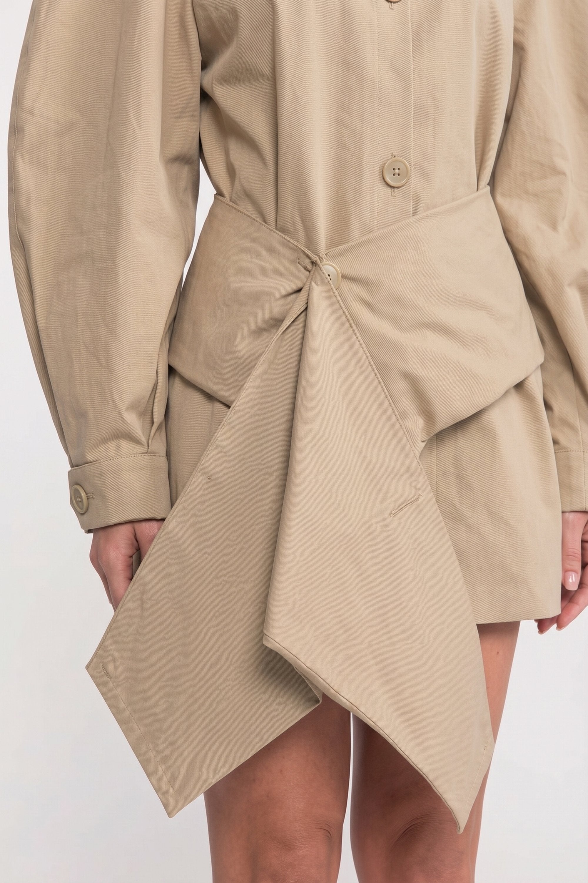 Oversized Balloon-Sleeve Belted Jacket With Asymmetric Hem - Khaki