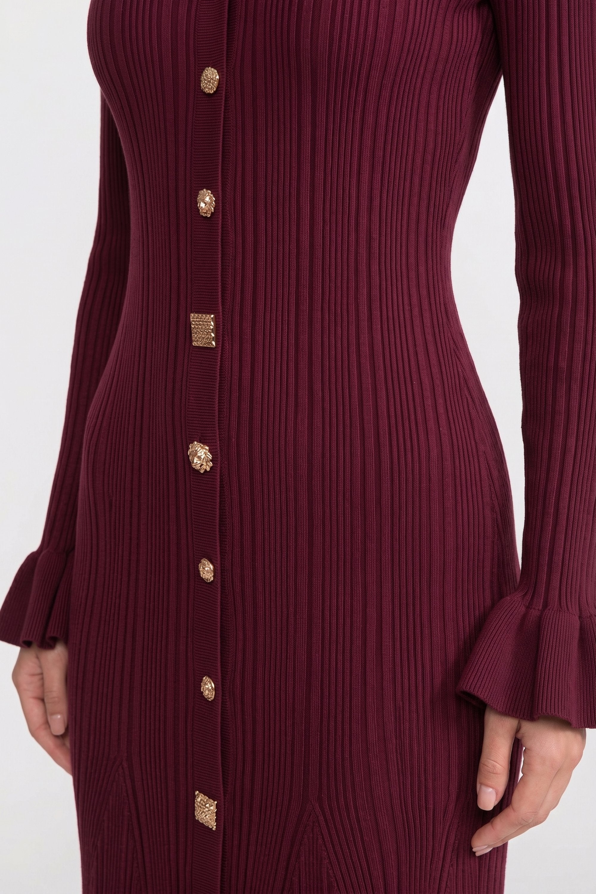 V-Neck Button-Front Ribbed Knit Maxi Dress With Ruffle Cuffs - Burgundy
