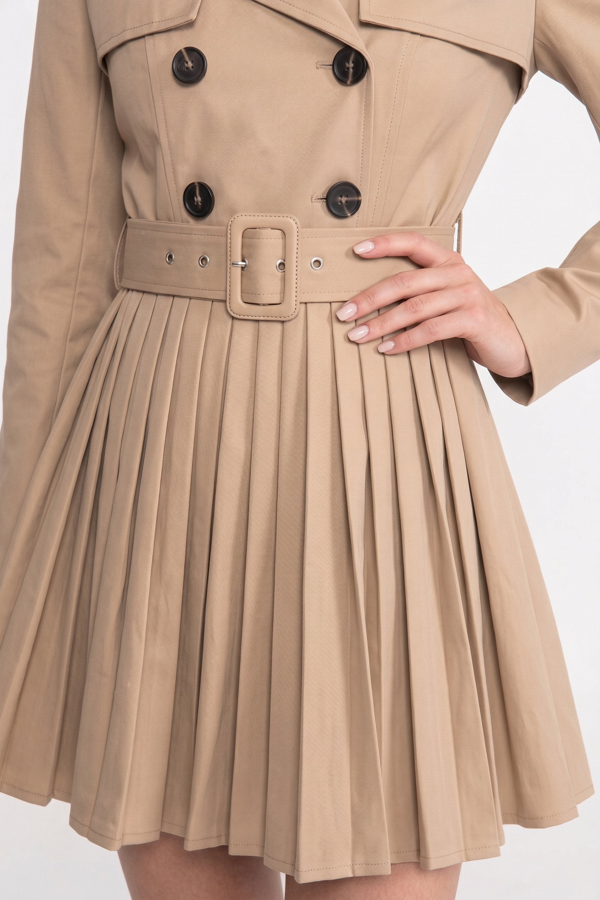 Double-Breasted Belted Trench Coat With Pleated Skirt - Khaki