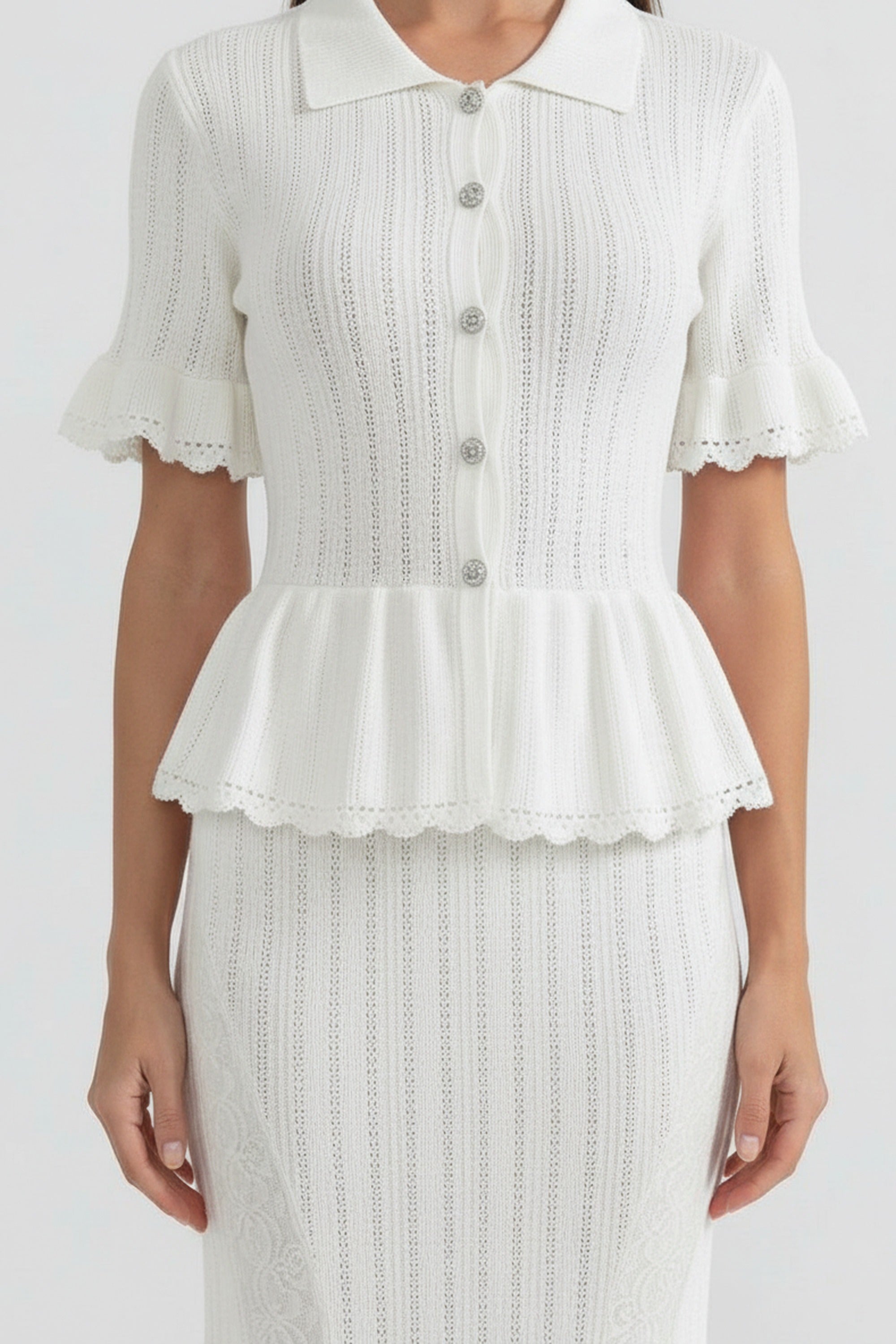 Peter-Pan Collar Knit Peplum Maxi Dress With Lace Hem - White