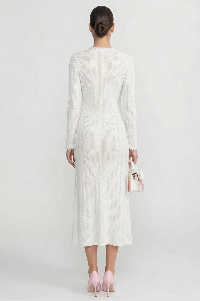 Ribbed Knit Dress and Cardigan Set With Pearl Button Detailing - White
