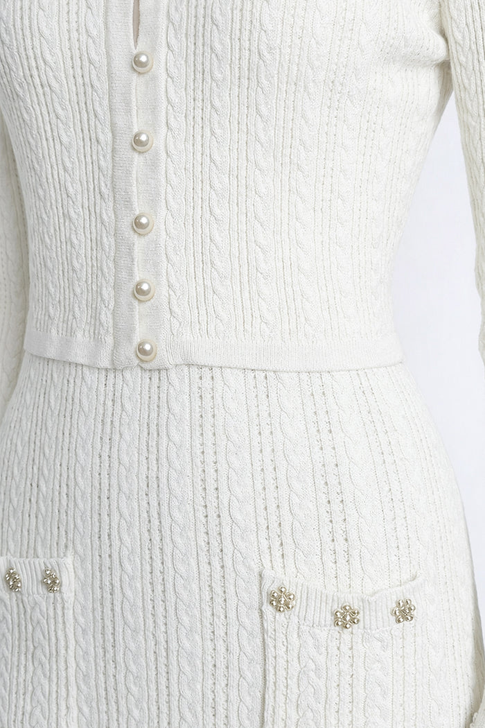 Ribbed Knit Dress and Cardigan Set With Pearl Button Detailing - White