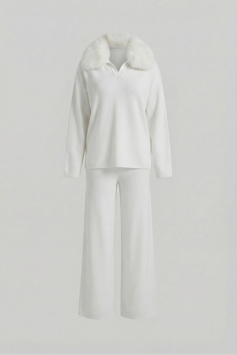 Knit Lounge Co-Ord Set with Fox Fur Collar – White