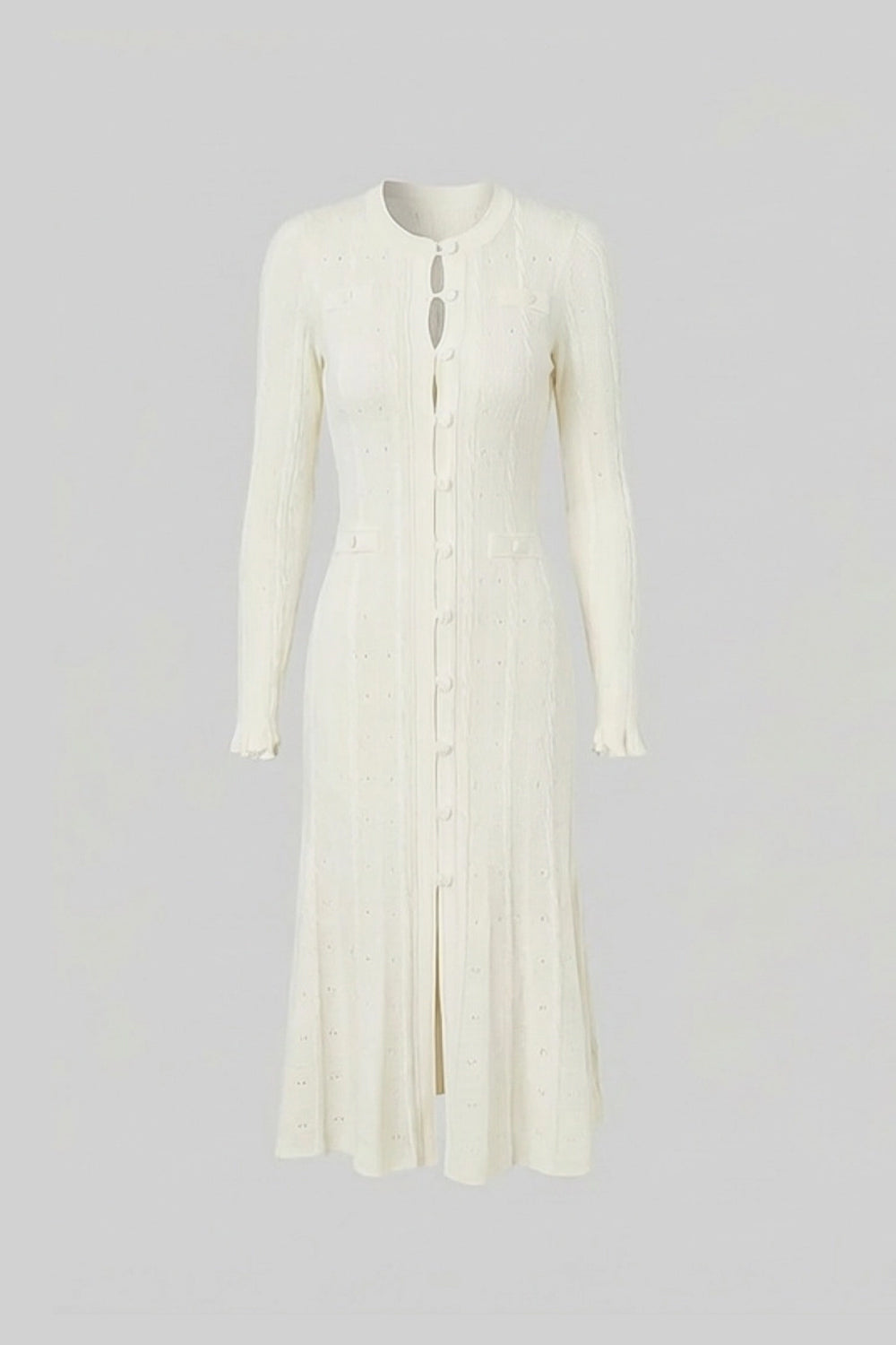 Knit Button-Front Midi Dress with Pointelle Detailing – Ivoire