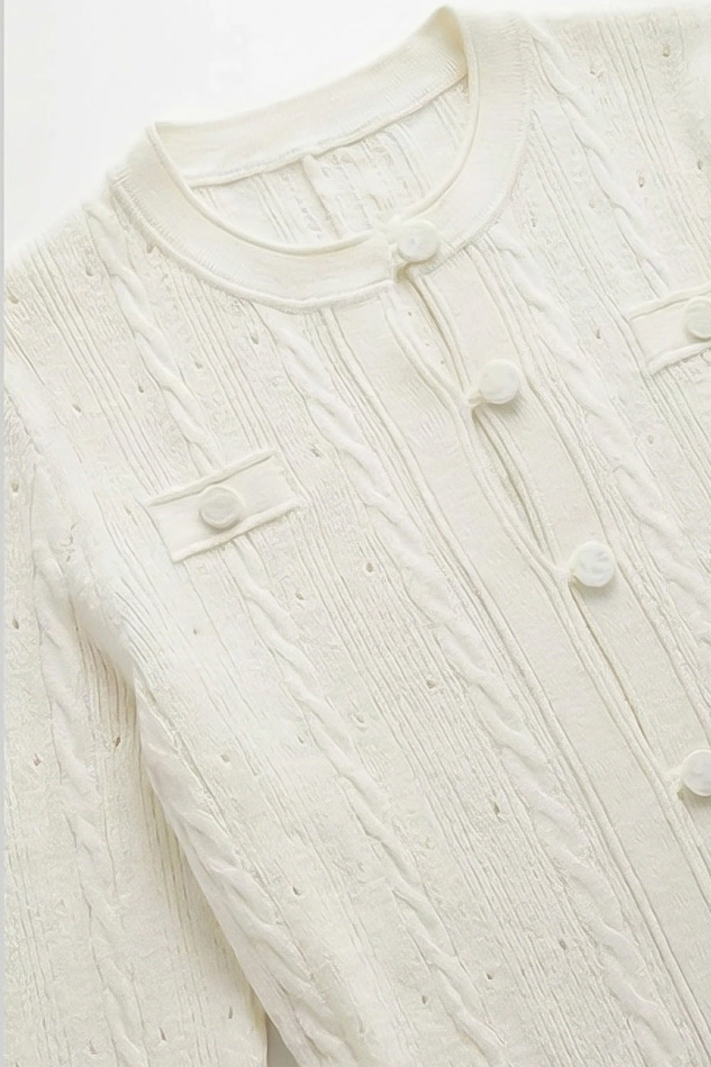 Knit Button-Front Midi Dress with Pointelle Detailing – Ivoire