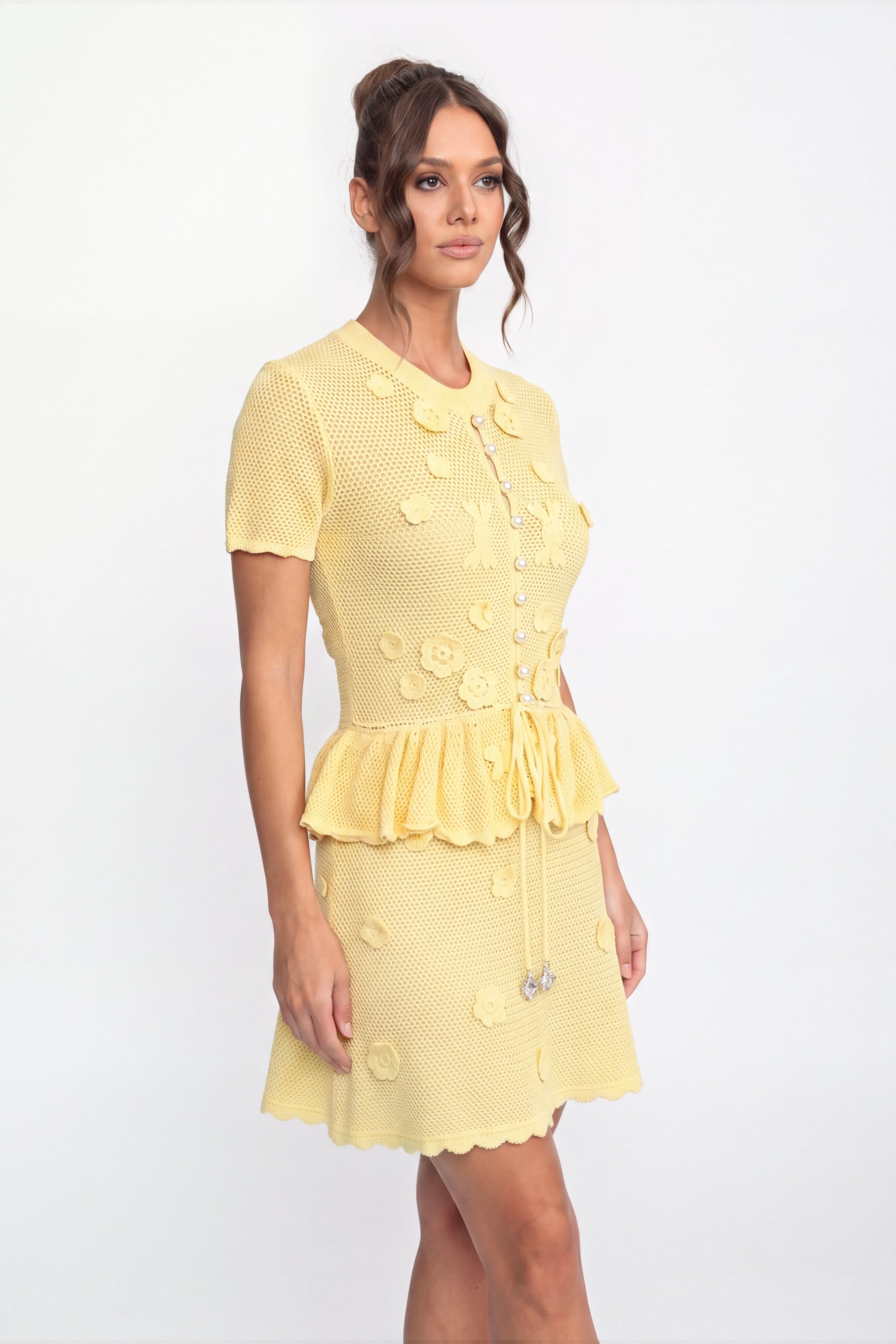 Floral Crochet Peplum Mini Dress With Drawstring Waist - Yellow