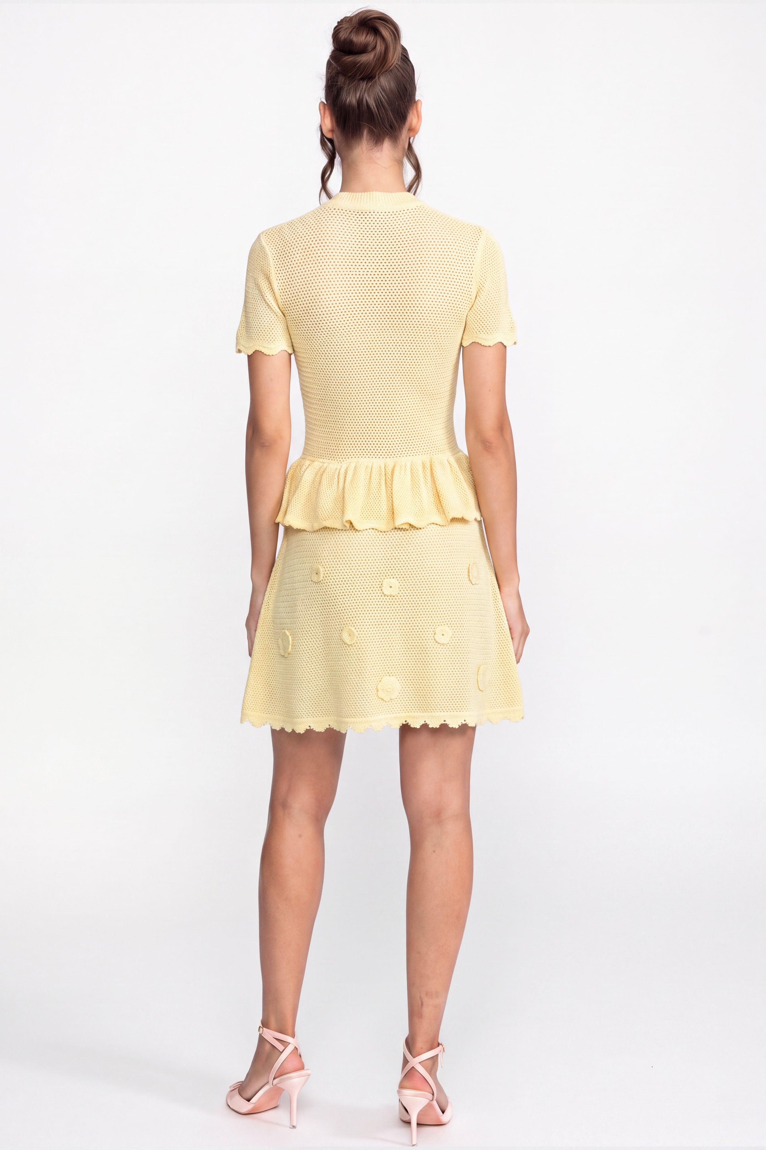 Floral Crochet Peplum Mini Dress With Drawstring Waist - Yellow
