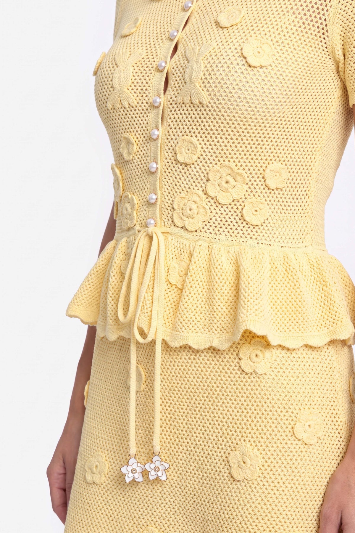 Floral Crochet Peplum Maxi Dress With Drawstring Waist - Yellow